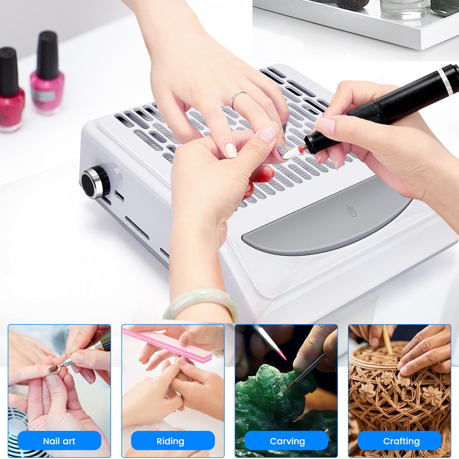 100W Aspirateur Ongles Professionnelle, Avec Filtre Aspirateur Ongle, Vitesse RéGlable Aspirateur Manucure, Pour Onglerie, Manucure, Gravure, Polissage (Blanc)