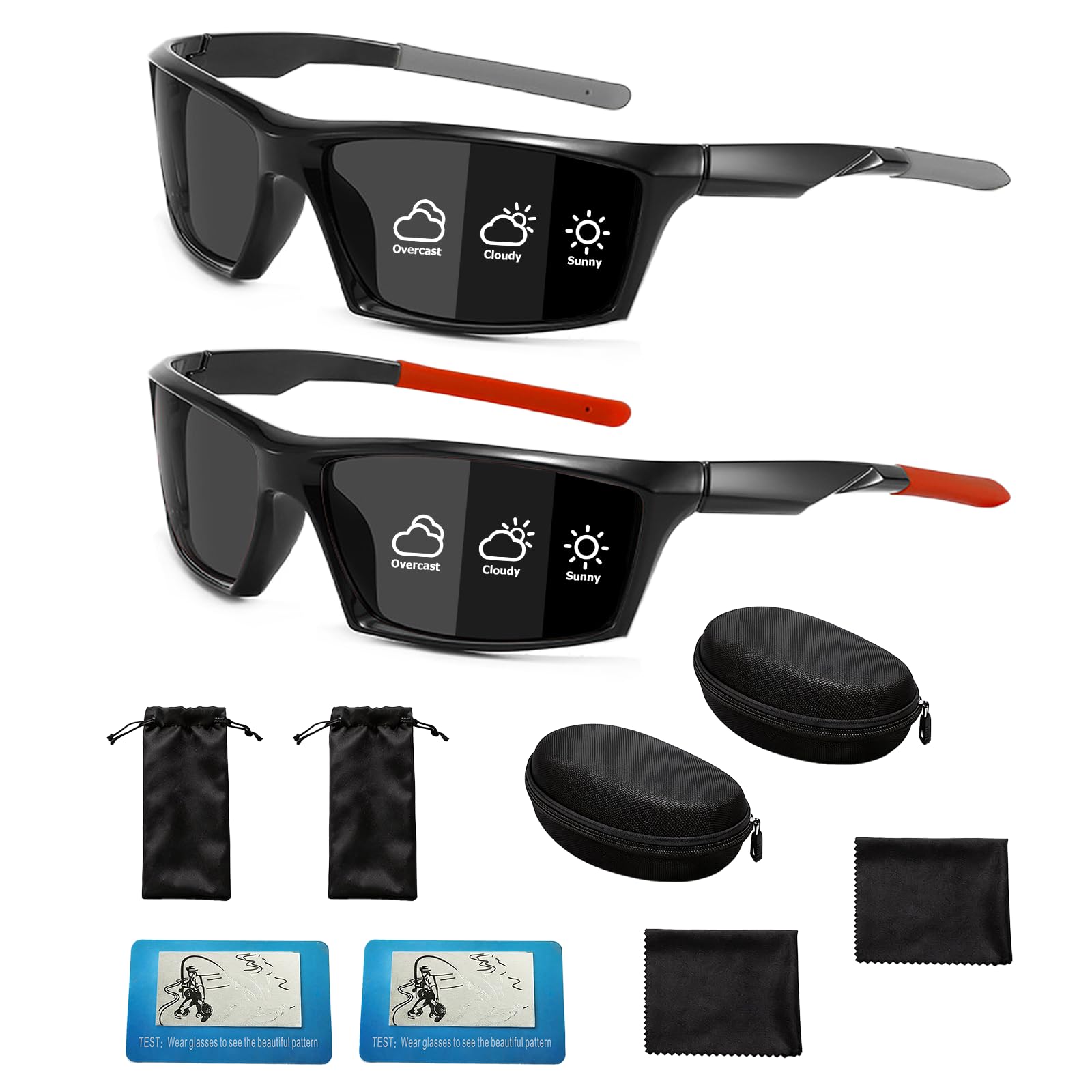 DVDVBOOM 2Pcs Photochromic Cycling Glasses for Men, Polarised Sports Running Sunglasses Men Women, Wrap Around Sports Sunglasses for Driving, Fishing, Hiking & Indoor Outdoor Activities