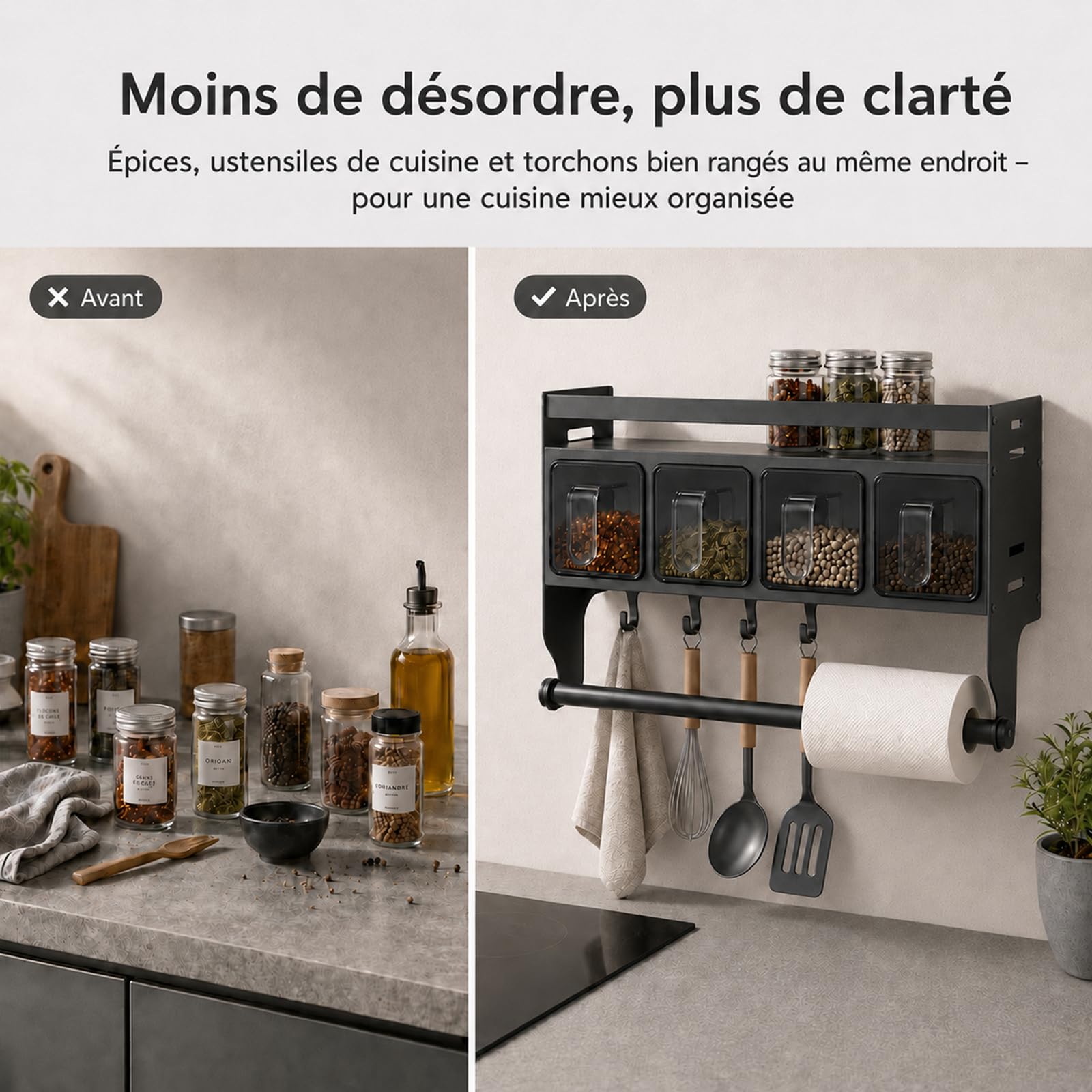 Porte-épices sans perçage, porte-épices pour cuisine à suspendre, avec porte-rouleau d'épices mural avec pots pour le stockage dans la cuisine d'épices,huile (avec 4 boîtes