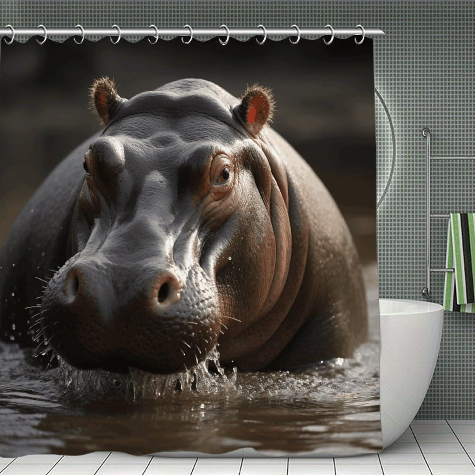 VstaDank Hippo Shower Curtain Waterproof Bathroom Curtain with Hooks Luxury Weighted Bath Curtains for Bathtubs Showers Room Dividers Decorative Shower Curtains 71x71 in