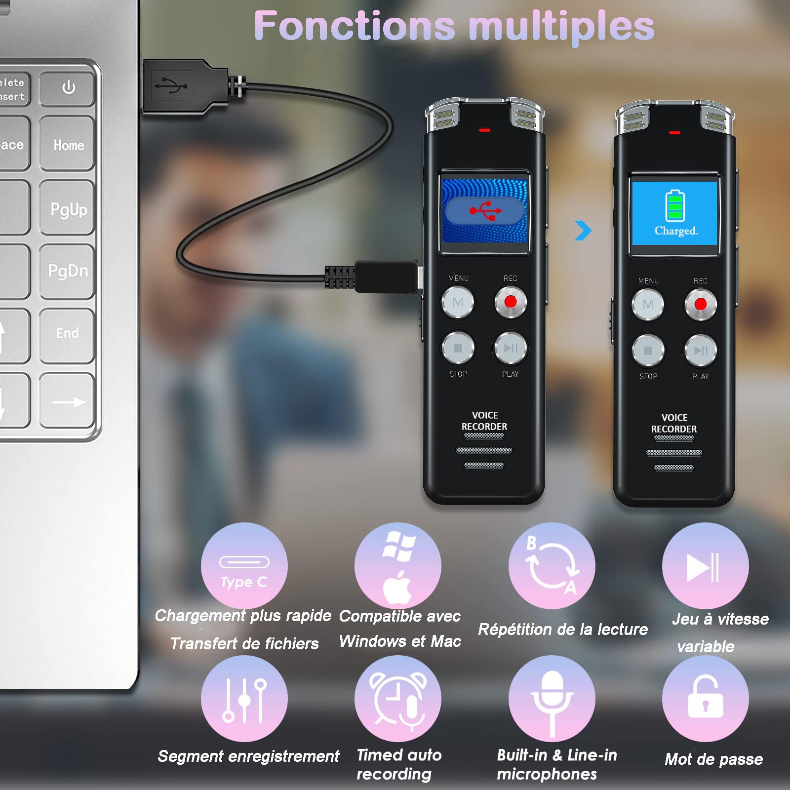 EVISTR Grabadora de Voz Digital 128GB - grabadoro de audio con control de voz y reducción de ruido - grabador dual MIC recargable para conferencias y reuniones