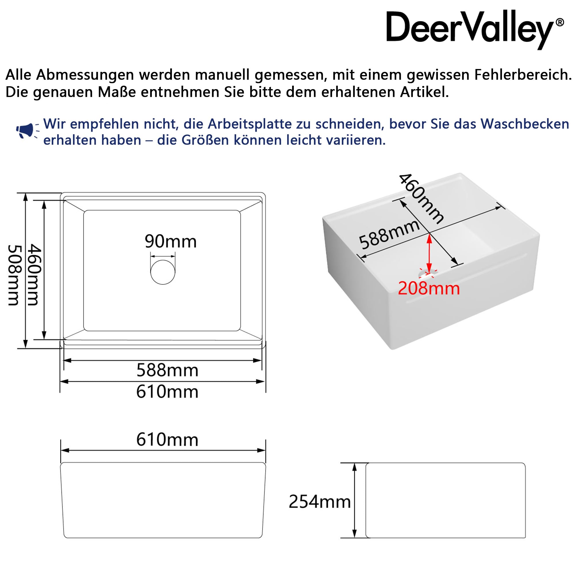 DeerValley Spülbecken 61 cm – Umkehrbares Apron-Front Küchenspüle Einbauspüle, Einzelschale, Solides Feuerfestton, Glänzend Weiß, Für Küche (61x50,8x25,4 cm)