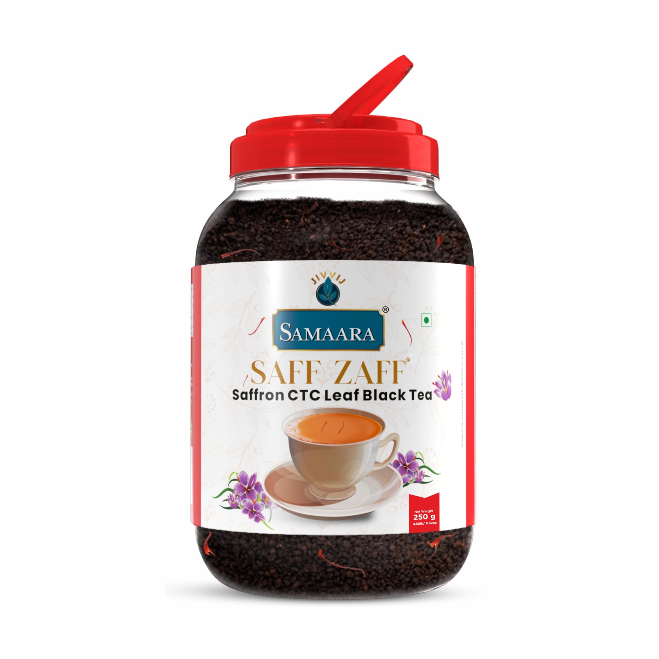 Samaara Saffron Tea 250gm | Flavoured CTC Assam Black Leaf Tea | Kesar Chai Patti Powder | Saff Zaff Jar 250g