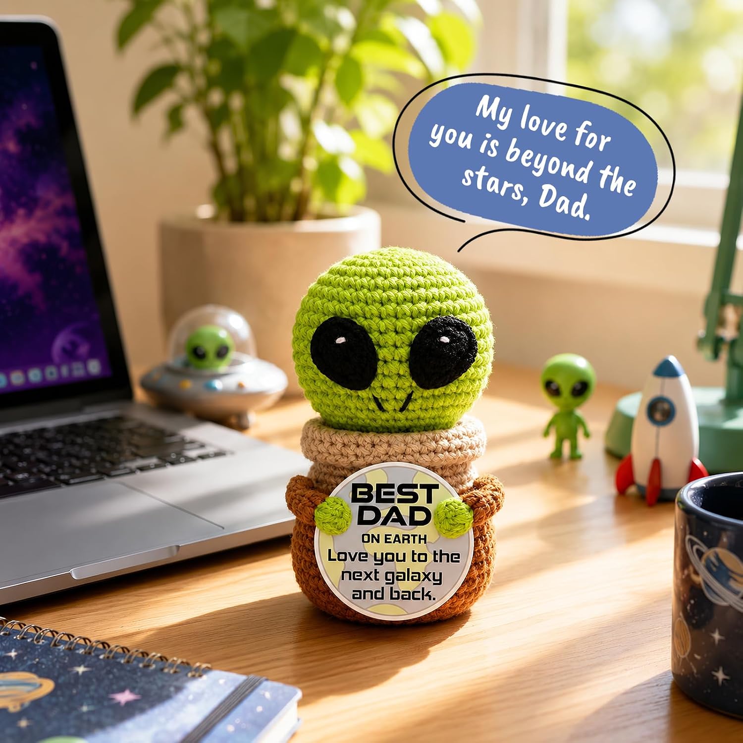 Jettryran Fathers Day Dad Gifts from Daughter Son Wife Birthday Gift for Dad Father in Law Bonus Stepdad Grandpa Basket Positive Crochet Alien Decor with Father's Day Card for Husband from Wife