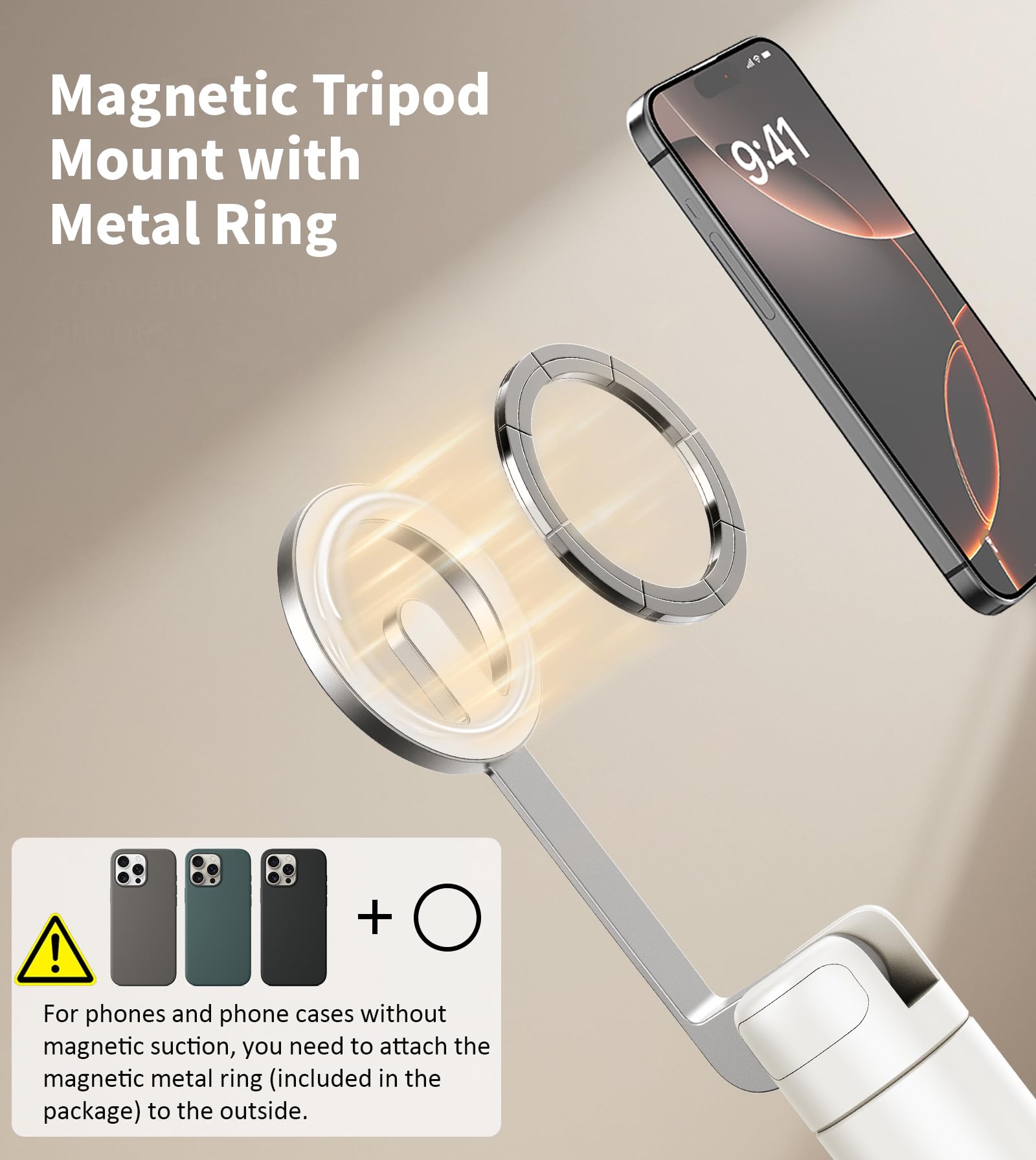 TONEOF 68" Magnetic Selfie Stick Tripod with Aluminum Strong Magnetic Holder for Magsafe, 360° Rotatable Travel Phone Tripod Stand with Metal Ring & Rechargeable Remote for iPhone/Android(Beige Gray)