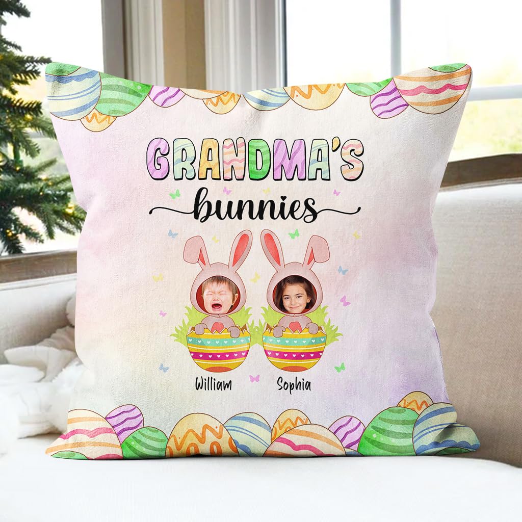 Grandma Gifts, Easter Grandma's Little Bunnies Ears Cute Kids Eggs Colorful, Personalized Square Pillow, Gifts for Grandma Nana from Grandkids, Sofa Couch Cushion, Gifts for Birthday