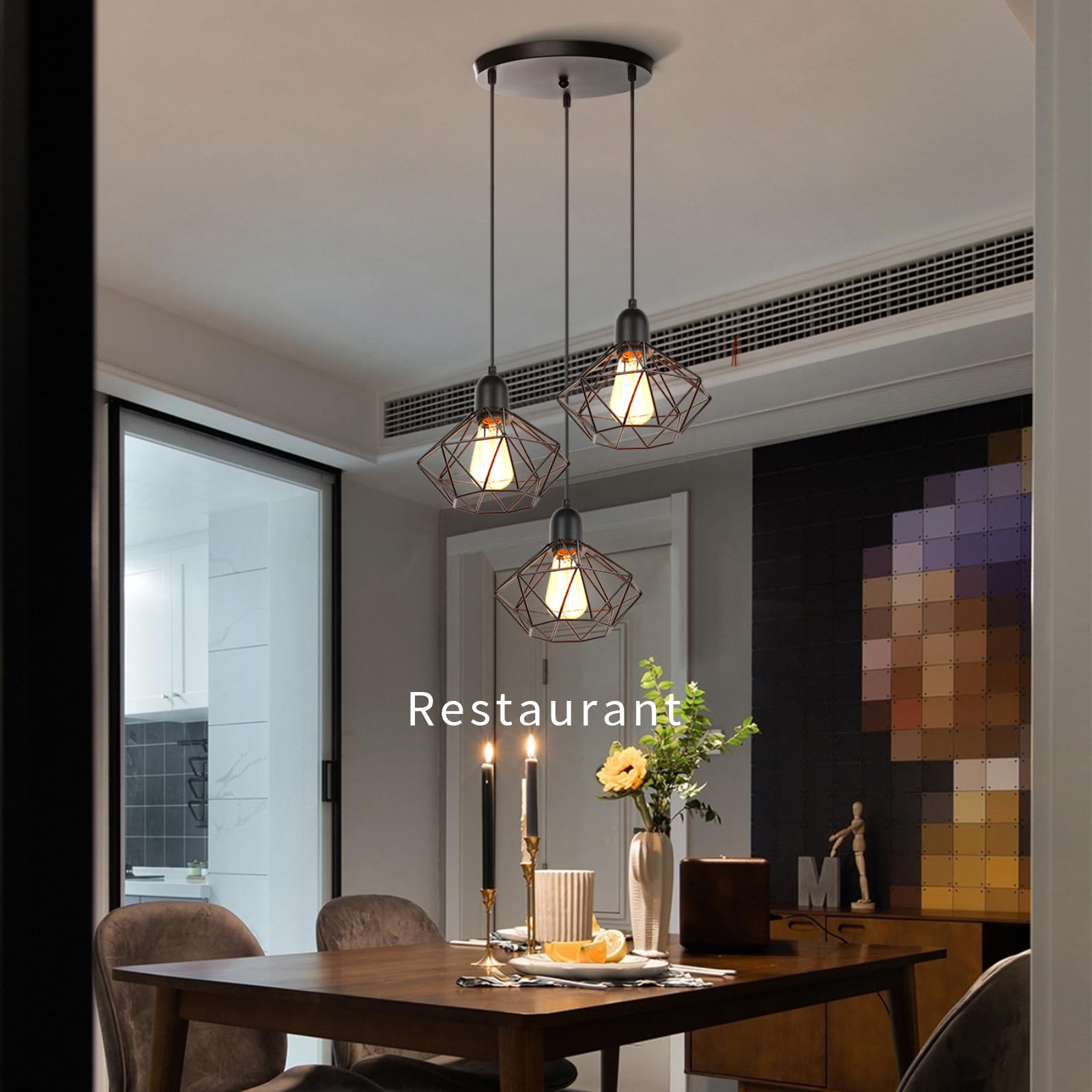 Lampadario Sospensione Vintage Industriale - 3 Pezzi, Nero, Diametro 27cm, Portalampada E27, Per Cucina/Soggiorno - Foto 8