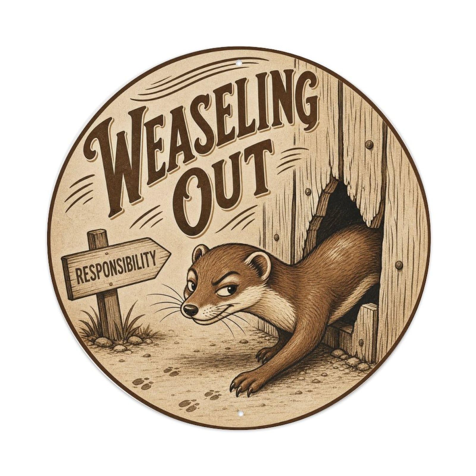 Okngb Style Weasel Sneaky Humor Animal Comic Cartoon Playful Rustic Metal Tin Sign Plaque Wall Decor For Cafe, Man Cave, Club Bar, Office, Home Garden Round Metal Poster 8X8inch