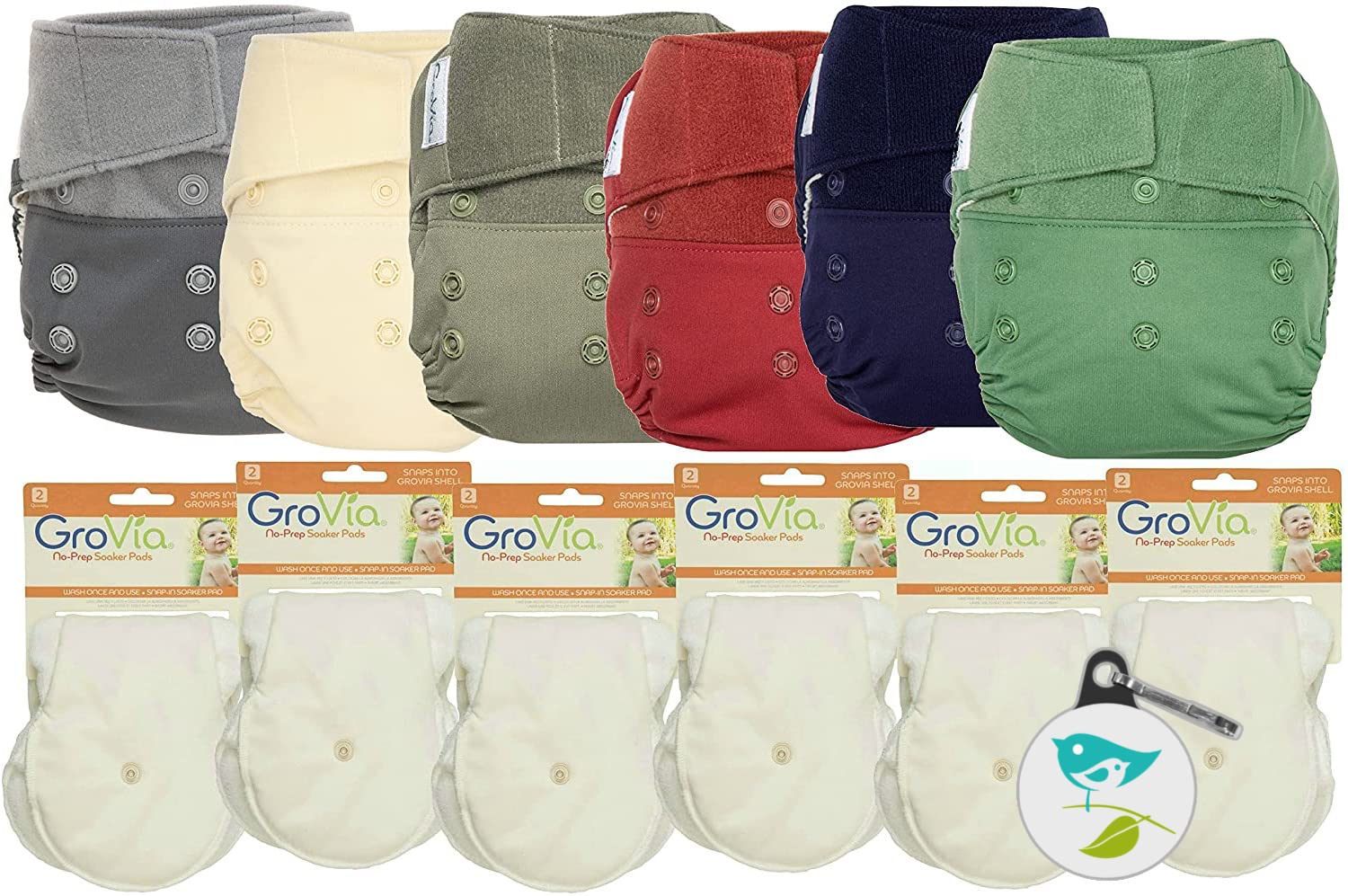 GroVia Hybrid Part Time Package: 6 Shells + 12 No Prep Soaker Pads (Color Mix 7 - Hook & Loop)