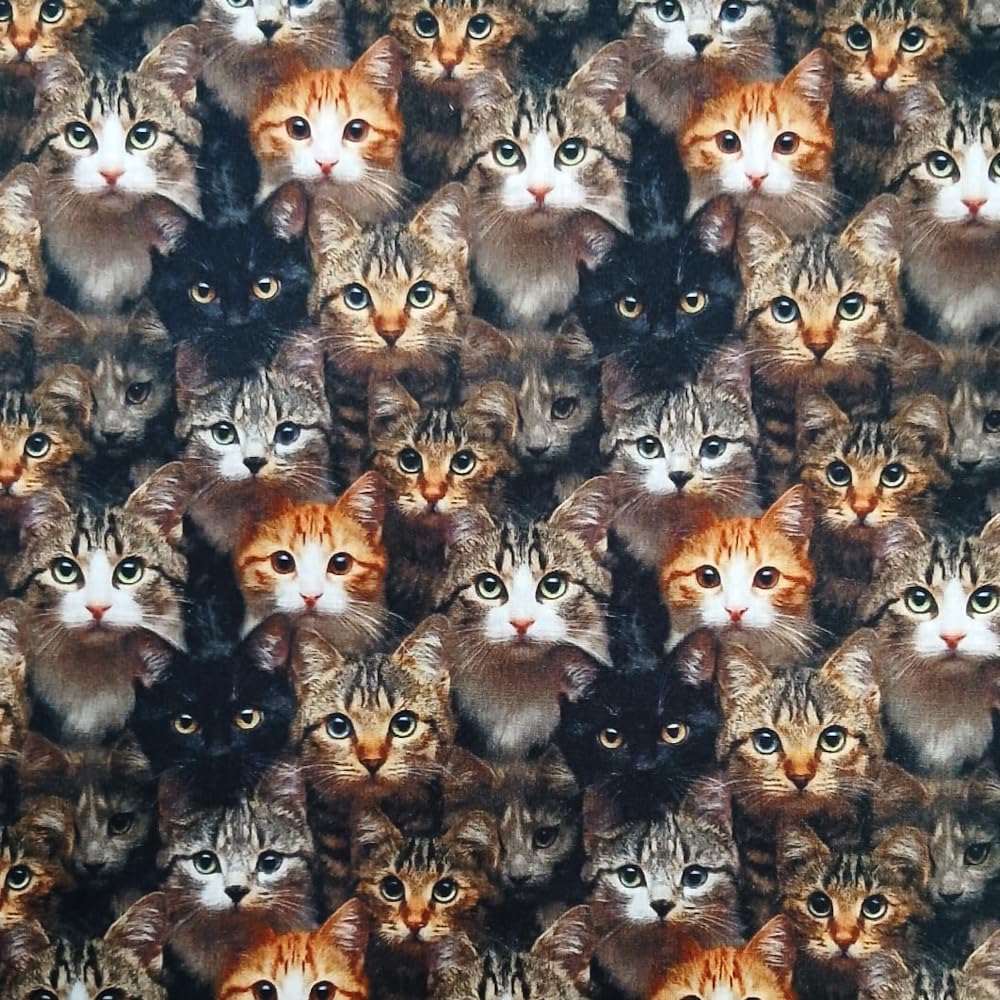 Oh Sew Crafty Limited Green, Black, White Polycotton Fabric Oh Sew Crafty Realistic Cat Print Kitties 110Cm Wide (Price Per Metre)