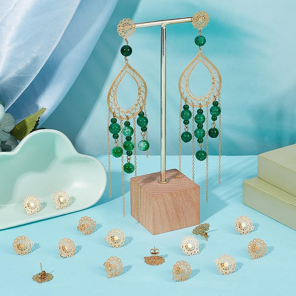 UNICRAFTALE 20pcs Golden Flower Stud Earring Findings 304 Stainless Steel Filigree Ear Stud Component with Loop Butterfly Stoppers Ear Nuts 0.7mm Pin Earring for Jewelry Making 16x14mm, Hole 1mm - Image 2