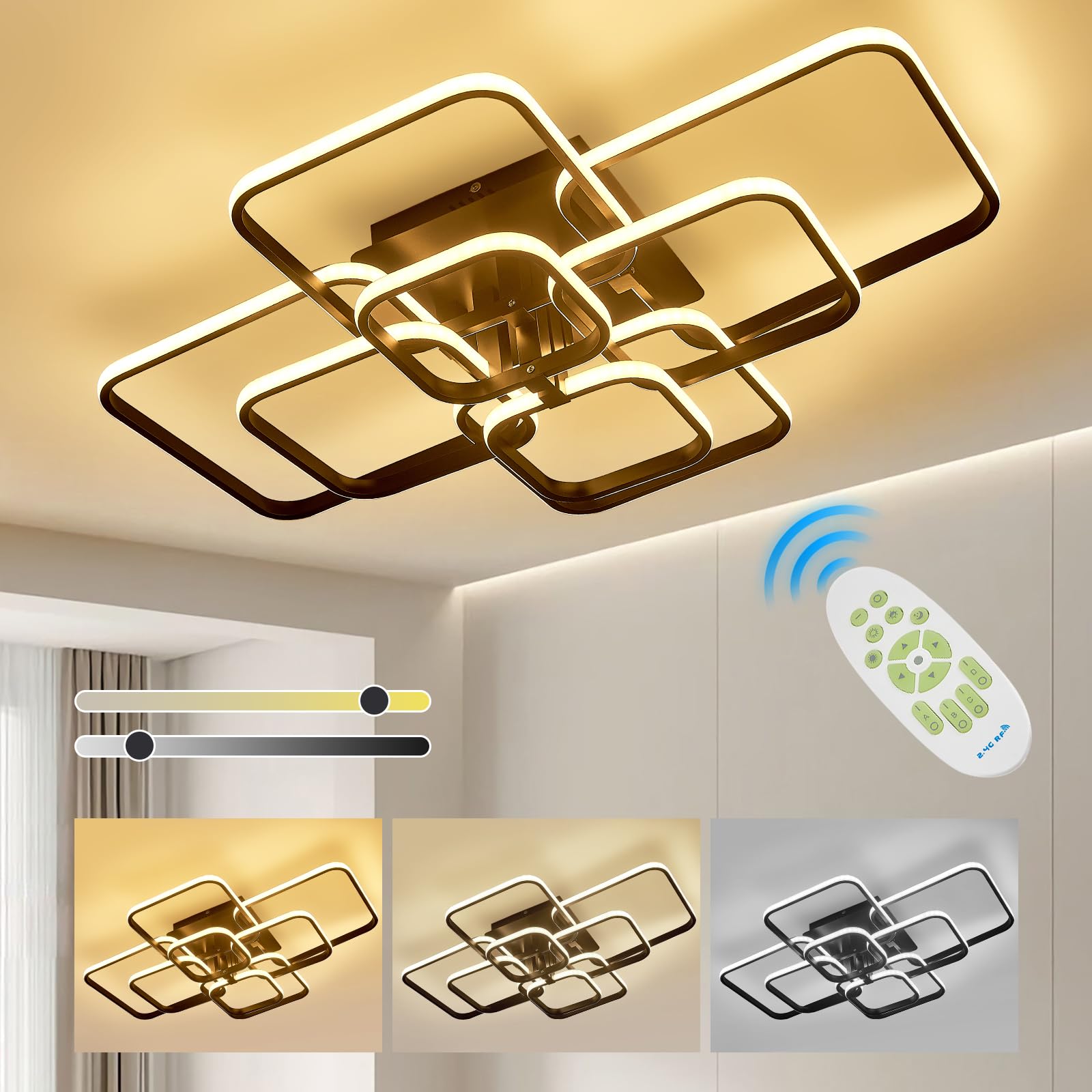XEMQENER LED Dimmable Ceiling Lights with Remote, Chandelier Ceiling Light with 8 Squares, Flush Mount Ceiling Lamp for Living Room Kitchen Office Bedroom Dining Room(2800k-6000k, Black, 12-25㎡)