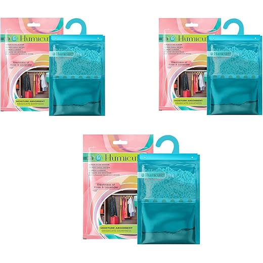 Humicure Moisture Absorber Dehumidifier Hanging Bags with 1 Litre Absorption Capacity for Wardrobe, Bathroom, Kitchen and Bedroom; Prevents Mould & Fungus (Rose & Lavender, Buy 2 Get 1 Free)