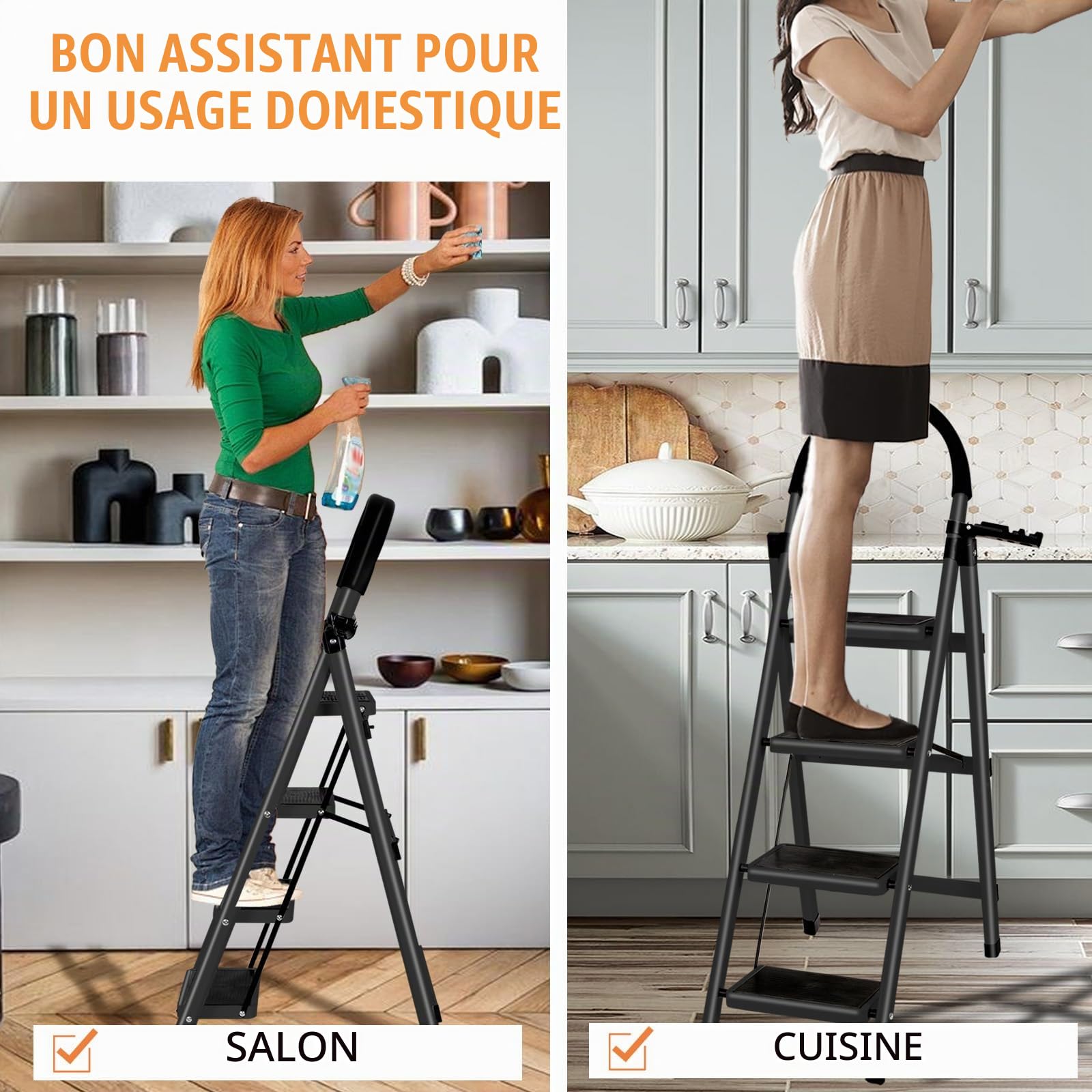 Escabeau Pliable en Acier, Marchepied Antidérapant 4 Marches, Escabeau Stable et Compact pour Maison, Cuisine et Bureau(Noir)