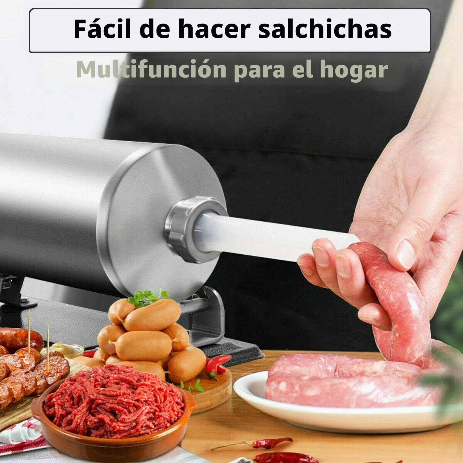 Embutidora de salchichas - Máquina de cocina de llenado de carne horizontal, para embutido casero, de acero inoxidable, 8 tubos de relleno (6 lb/3,5 l horizontal)