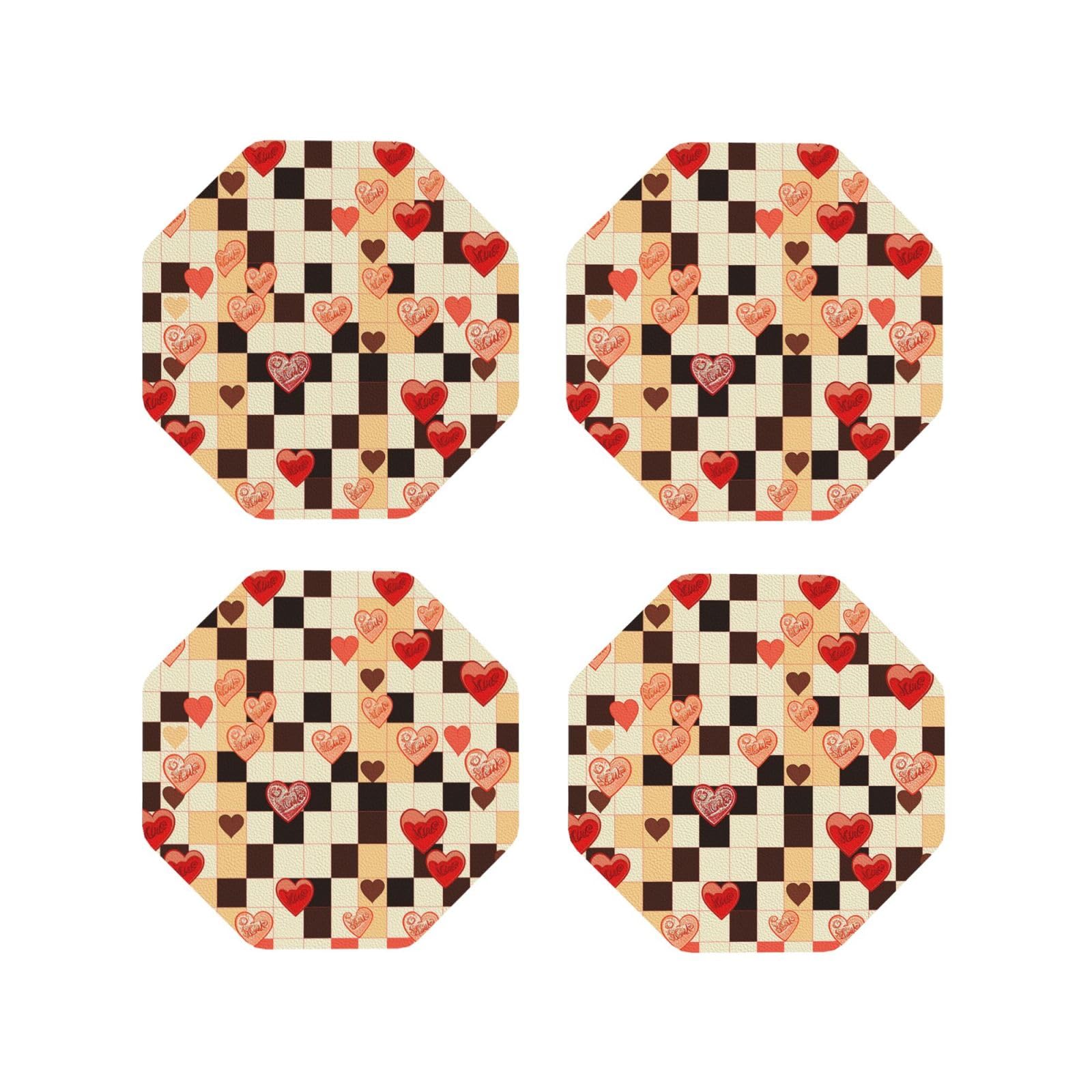 4pcs Drink Coasters for Tabletop Protection, 4" Leather Coasters for Drinks, Checkerboard Hearts Cup Coasters for Coffee Table Decor, Non-Slip Drinking Cup Mat for Hot Or Cold Drink