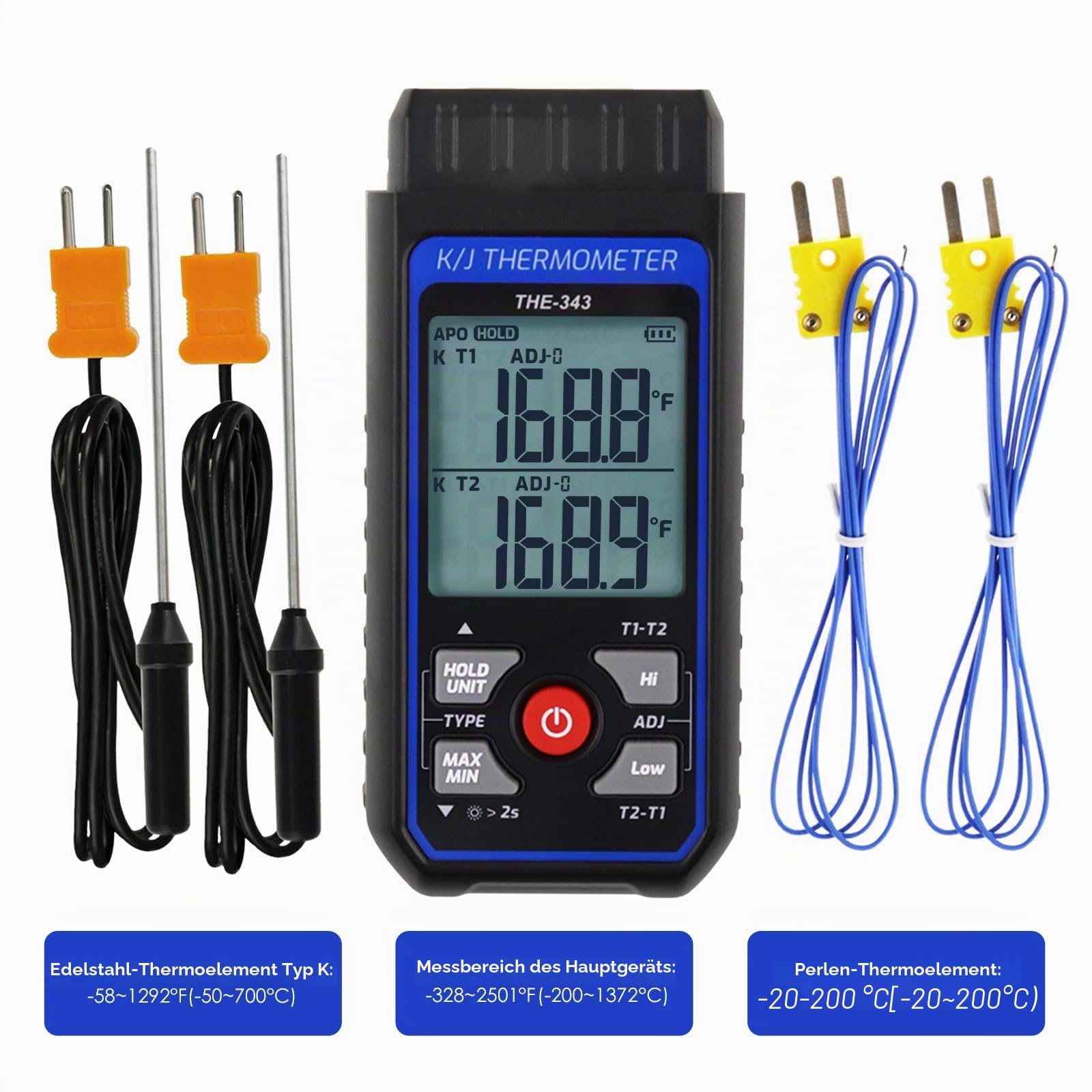 Digitales K-Typ-Thermometer Thermoelement-Thermometer -200-1372℃ Dual-Kanäle LED-Hintergrundbeleuchtung ADJ-Kompensation