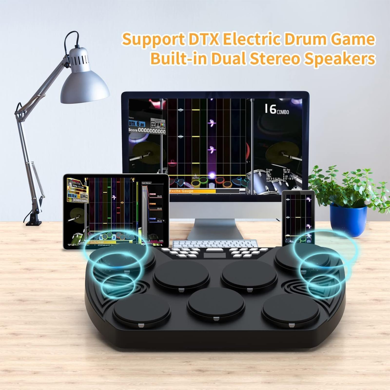 Batería Electrónica, Batería Eléctrica de Mesa con 2 Pedales y 2 Baquetas, Almohadilla de Batería de Práctica de 7 Pads con Panel Digital, Altavoces Incorporados, Soporte de Conexión de PC