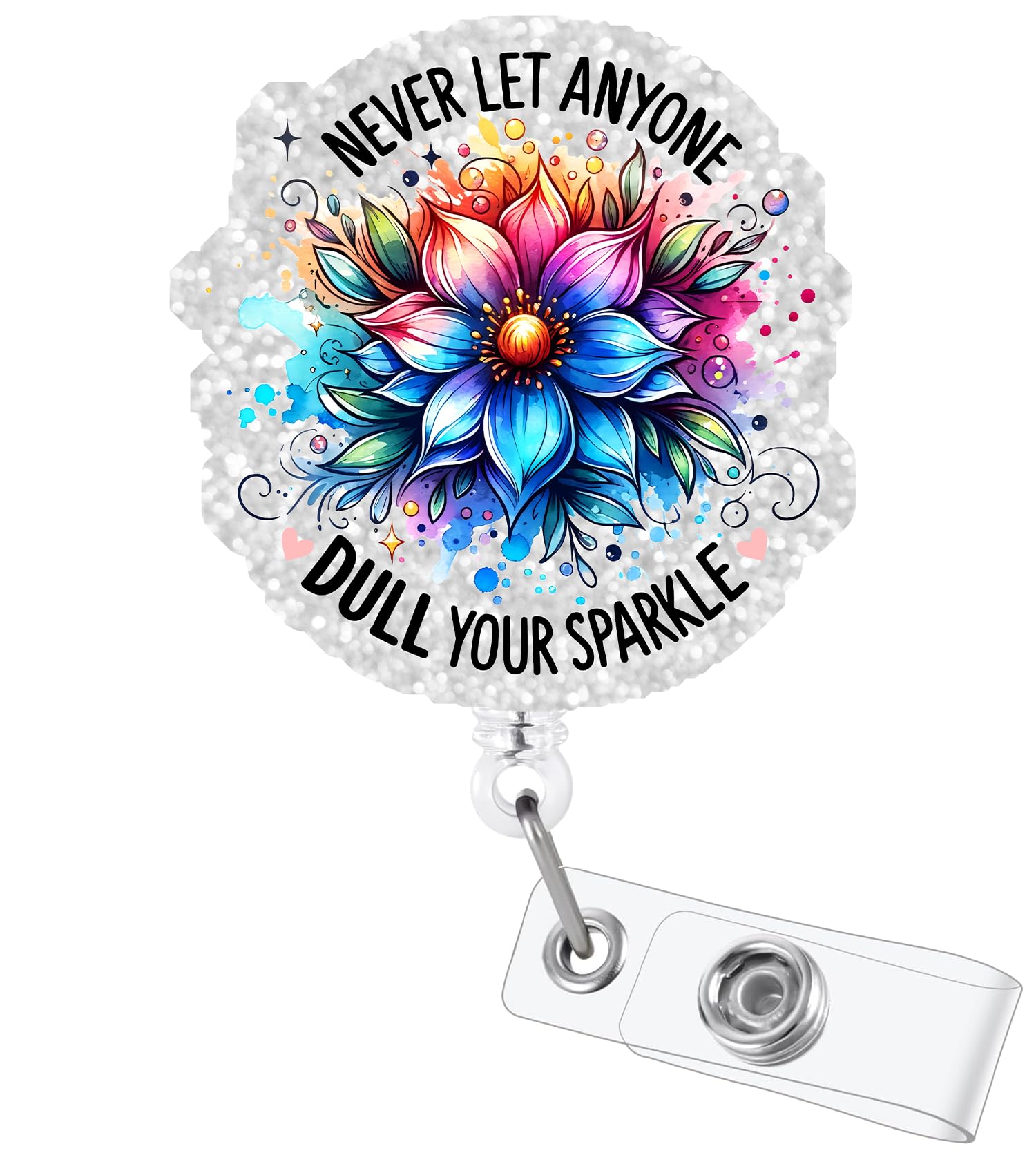 Colorful Flower Retractable Badge Reel, Funny Glitter ID Clip Name Tag Card Gift for Office Worker Doctor Nurse Teacher Employee Alligator Clip