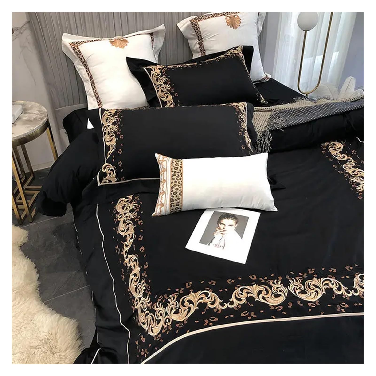 Sbcgfy Onecolor Bed Four Pieces Set, Luxury Embroidery Bedlinen Black Bedding Set King Queen Size Bed Linen Egyptian Cotton Duvet Cover Bed Sheet Set Pillowcases,-Queen