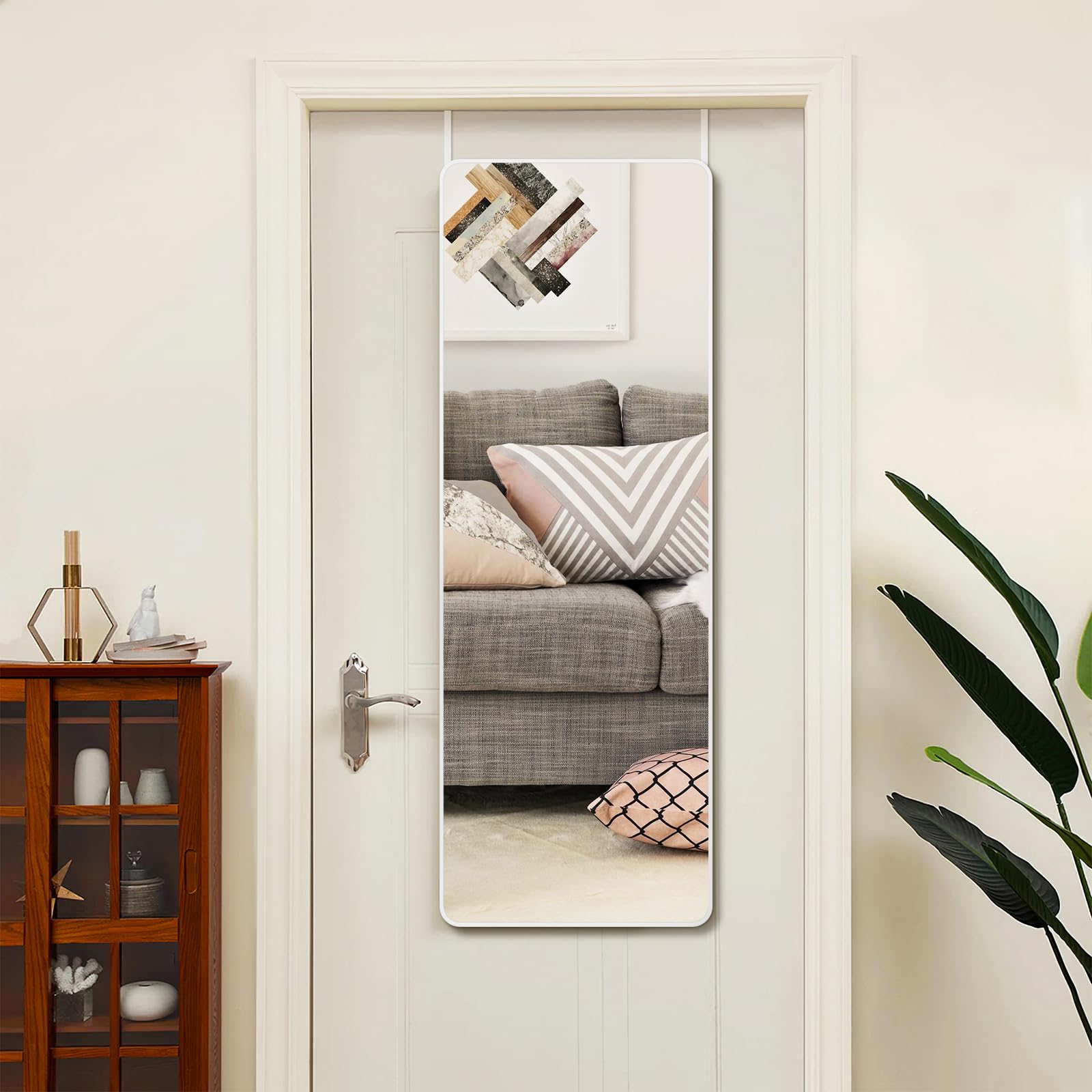 Warmiehomy 147x37cm Door Mirror Full Length, White Long Hanging Wall Mirror with Adjustable Hooks for Bedroom, Wardrobe