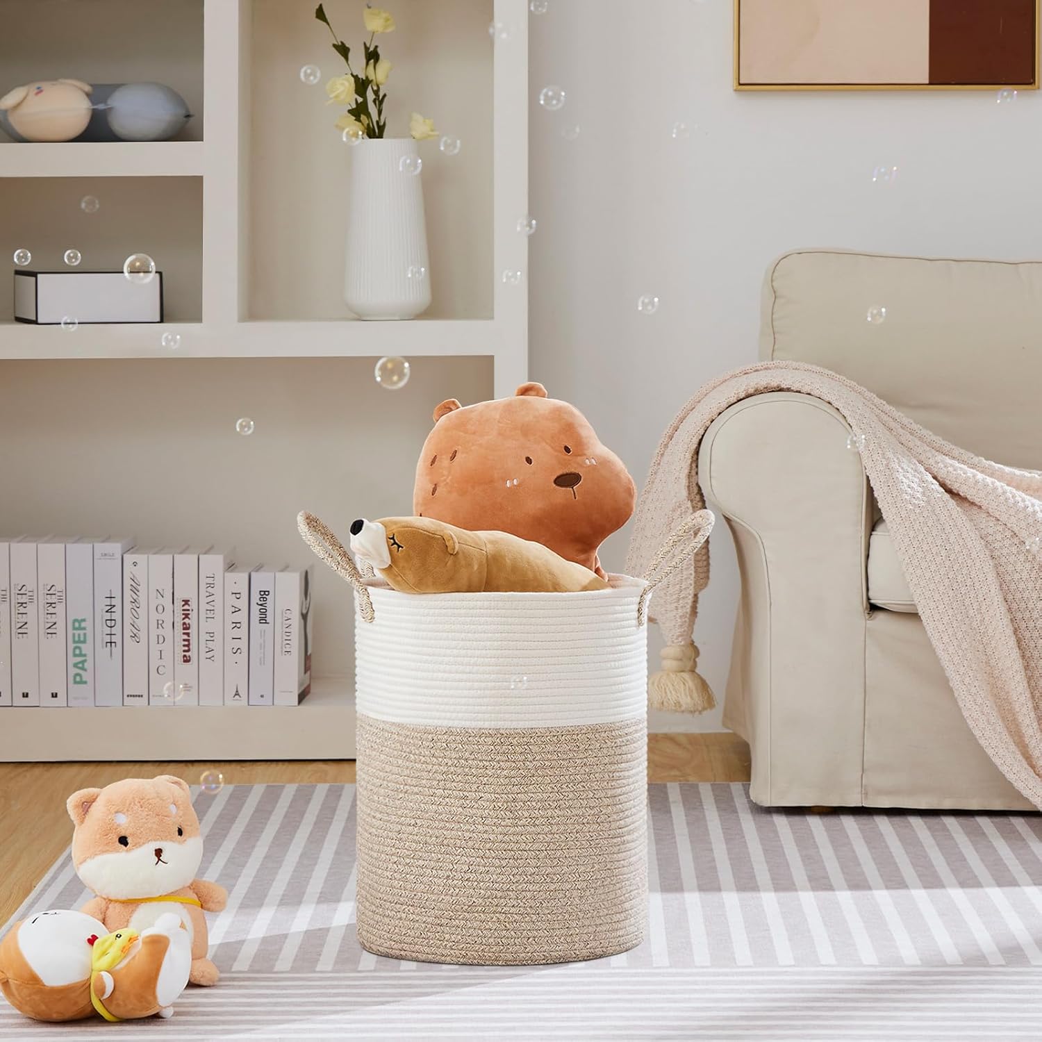 VIPOSCO Large Laundry Hamper, Tall Woven Rope Storage Basket for Blanket, Toys, Dirty Clothes in Living Room, Bathroom, Bedroom - 53L White & Brown - Image 2