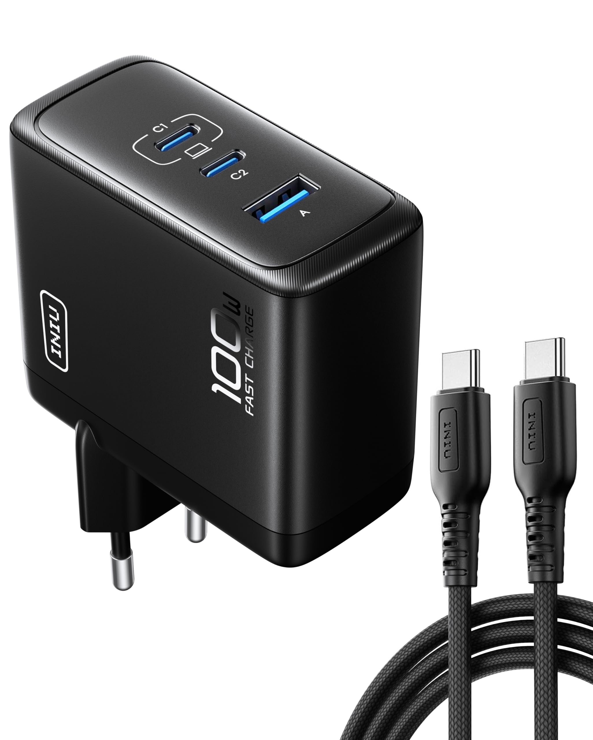 INIU 100W USB C Ladegerät, GaN 3-Ports Schnellladegerät mit USB C...