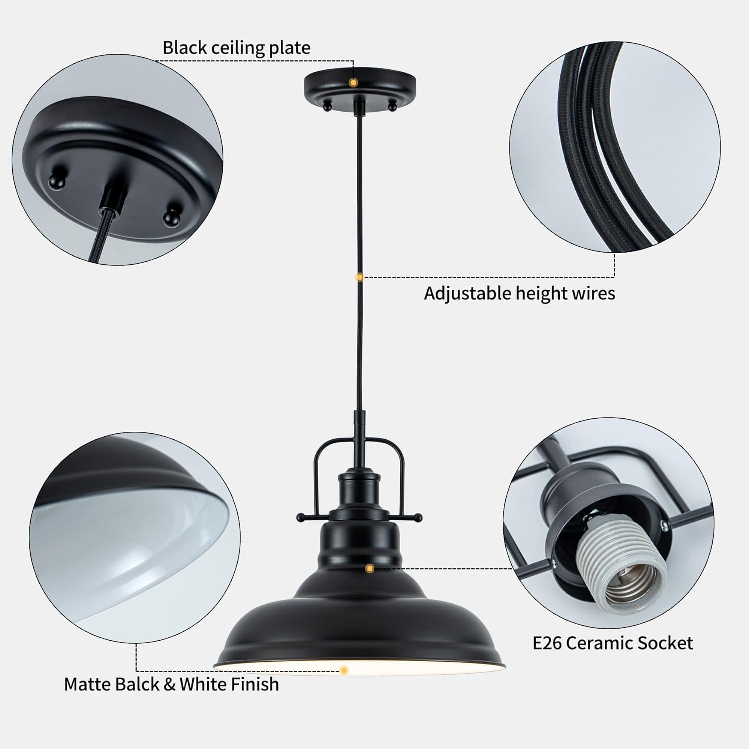 Famrhouse Pendant Light, Black Pendant Light Fixture with Metal Dome Shade, Adjustable Height Hanging Light for Kitchen Island, Living Room, Bedroom