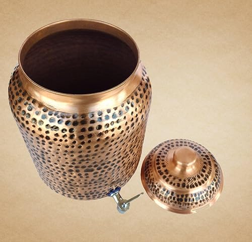 Miniatura 6 de Rastogi Handicrafts Tanque de almacenamiento de agua martillado de cobre puro Pote marrón 4 litros de capacidad con Tumble y botella de cobre