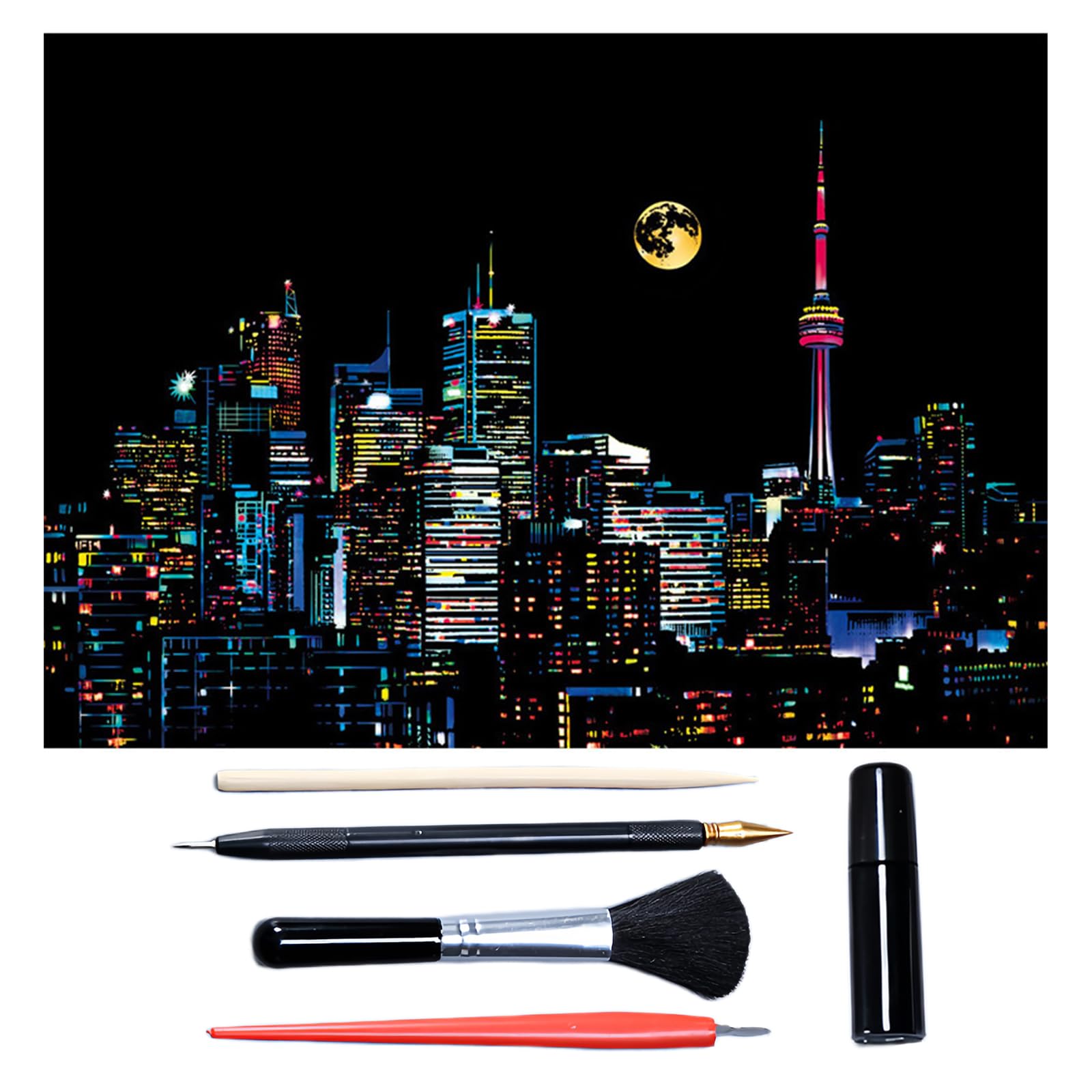 Scratch Art for Adults & Teens 16 x 11.2 Inches, Paint by Scratch Kit Adult Rainbow, Colorful Sketch DIY Night View Scratchboard (Canada)