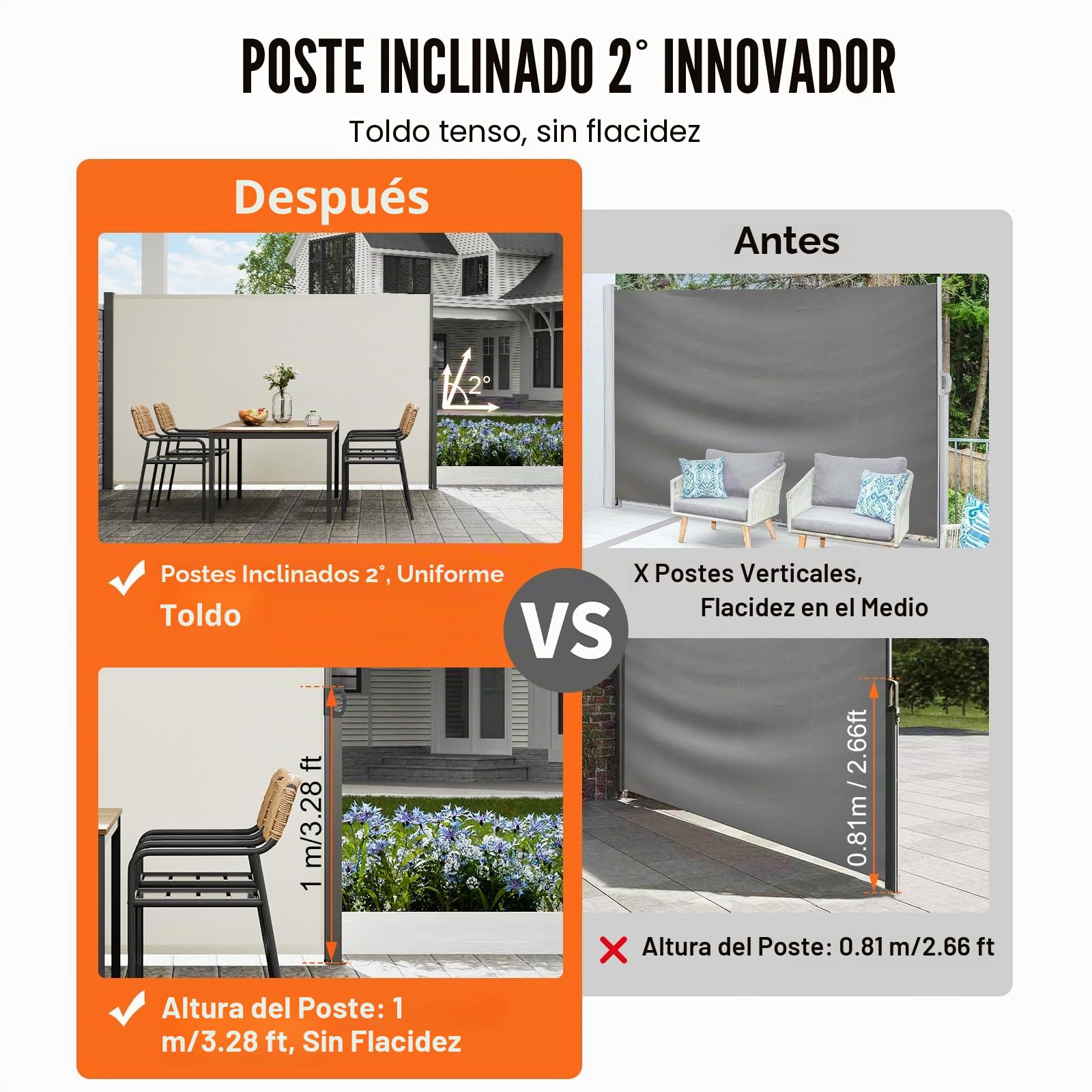 VEVOR Toldo Lateral Retráctil Pantalla de Privacidad al Aire Libre 180x300 cm Toldo Lateral contra Viento Impermeable de Poliéster Divisor de Habitación UV 30+ para Patio, Jardín, Balcón, Beige