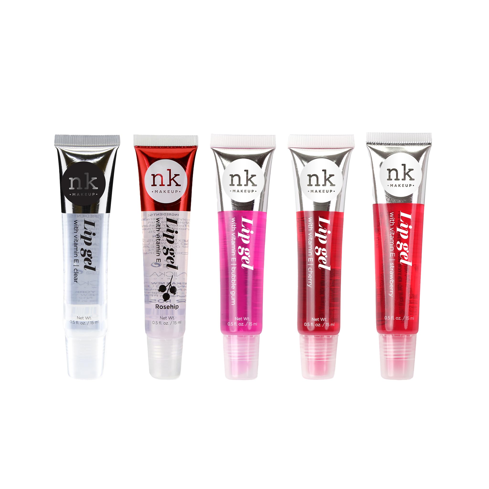NICKA K NEW YORK VARIETY SET OF 5 NK Hydrating Lip Gel - Vitamin E (Clear, Rosehip Oil, Bubble Gum, Cherry, Strawberry)