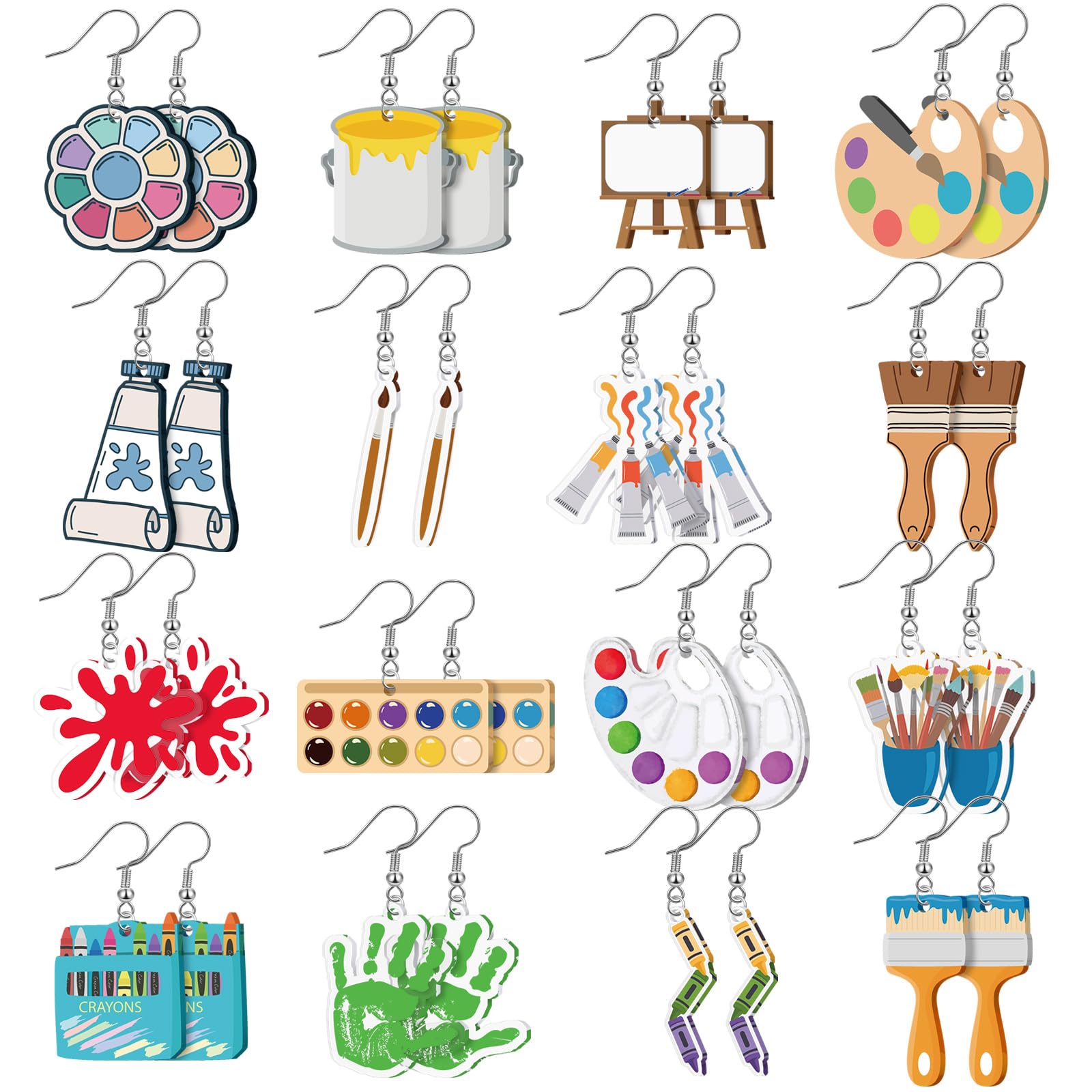 16 Pairs Art Teacher Appreciation Gifts Paint Earrings for Women Big Acrylic Dangle Drop Teacher Appreciation Earrings Personality Palette Paint Brush Jewelry Artist Painter