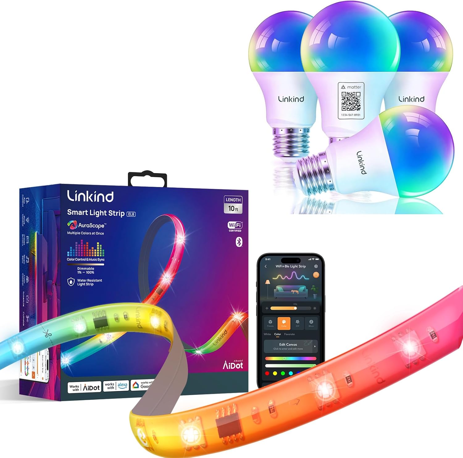 Matter Smart Light Bulb 4 Pack and LED Strip Lights RGB 10ft Compatible with Alexa and Google Home