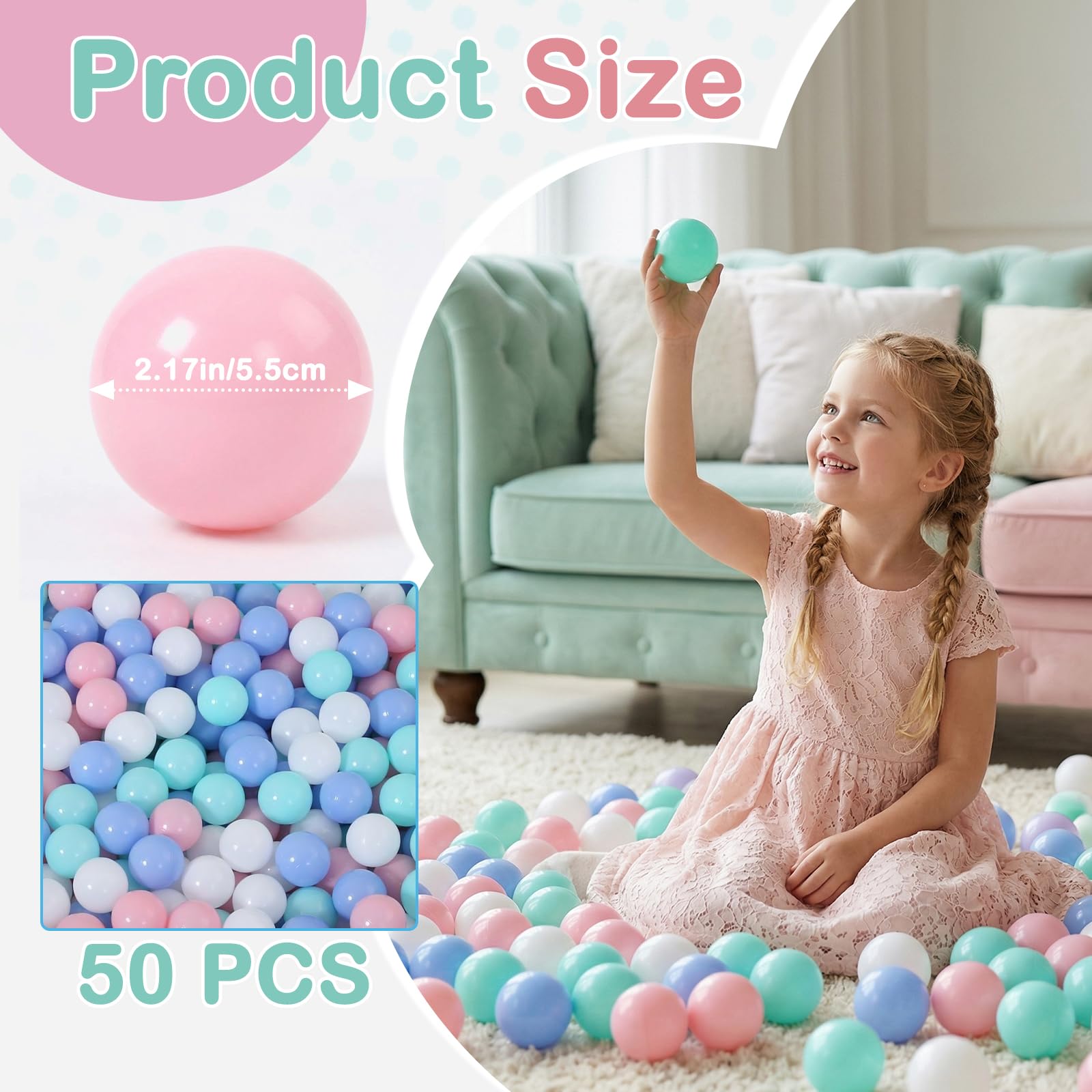 Palline Colorate Morbide per Piscina Bambini 50 Pezzi,5,5 cm,Senza BPA,7 Miscelazione dei Colori,Palline da Gioco da Lancio,Palline di Plastica per Piscine di Palline per Bambini