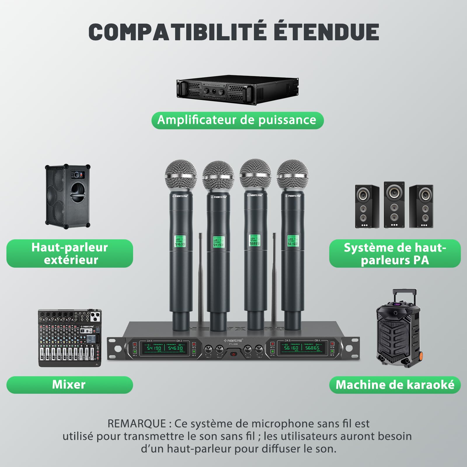 Phenyx Pro Système de Microphone sans Fil UHF 4 canaux avec Quatre micros Portables, Construction entièrement métallique, PTU-5000A