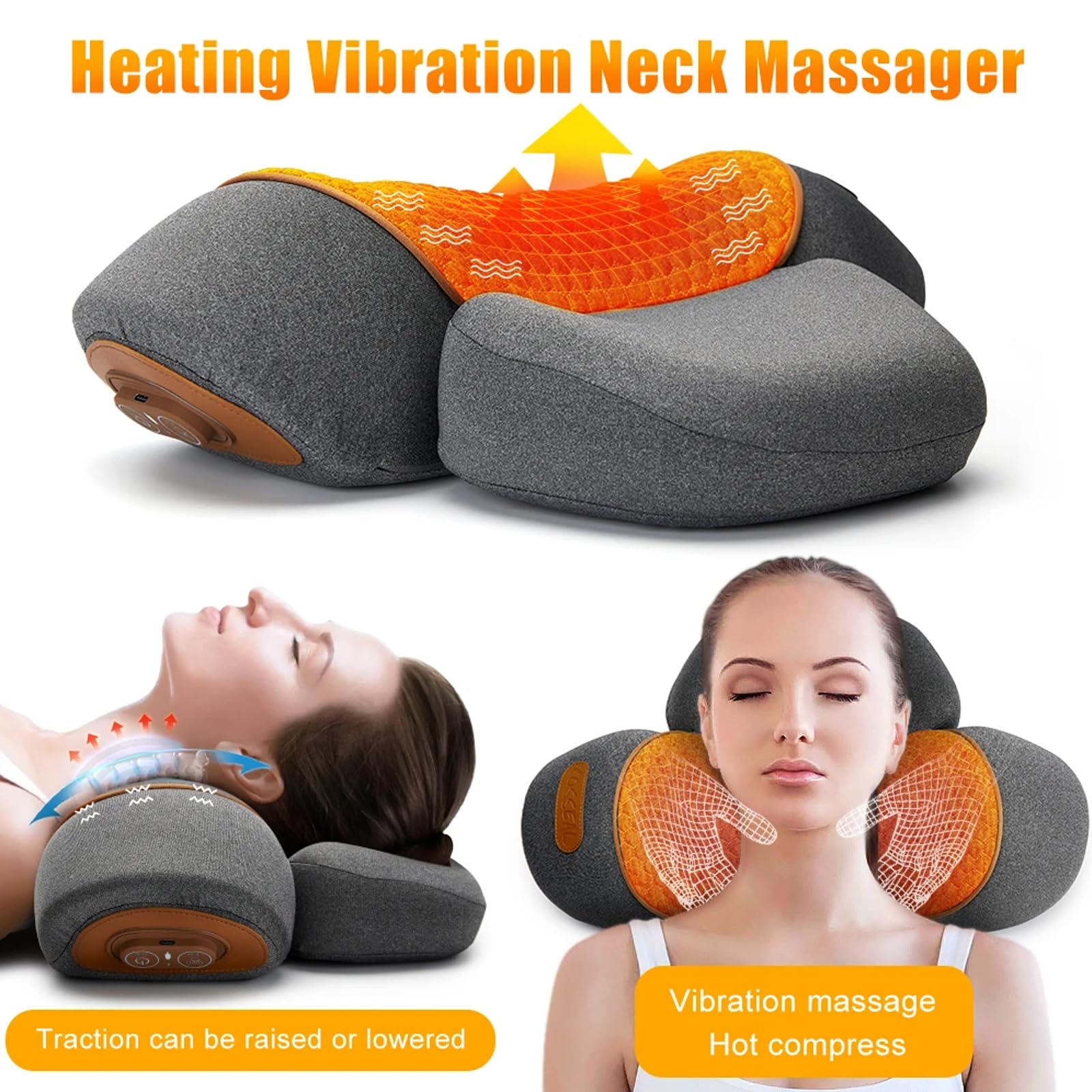 Cojín Cervical con Calor y Masaje 3 en 1, Tracción Cervical 26°, Alivio del Dolor de Cuello y Hombros, Gris