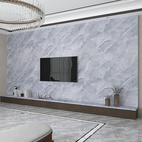 JSEVEM Papel tapiz de mármol de 24 x 197 pulgadas de ancho con patrón de nube gris y blanco, impermeable, brillante, textura gris, blanco, papel de
