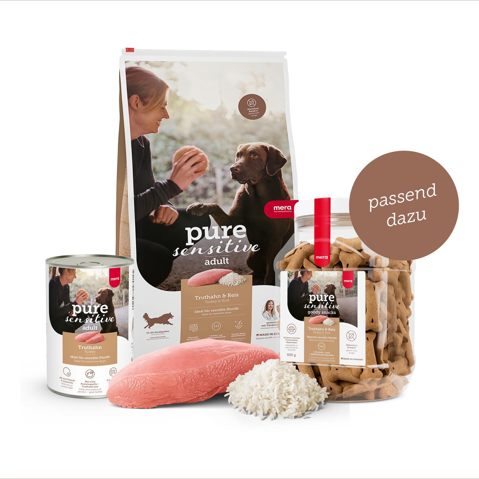 MERA Pure Sensitive Truthahn (6x400g), Hundefutter nass mit hohem Fleischanteil und getreidefrei, Nassfutter aus 100% tierischem Protein für Sensible Hunde, Single Protein (Packung mit 3)