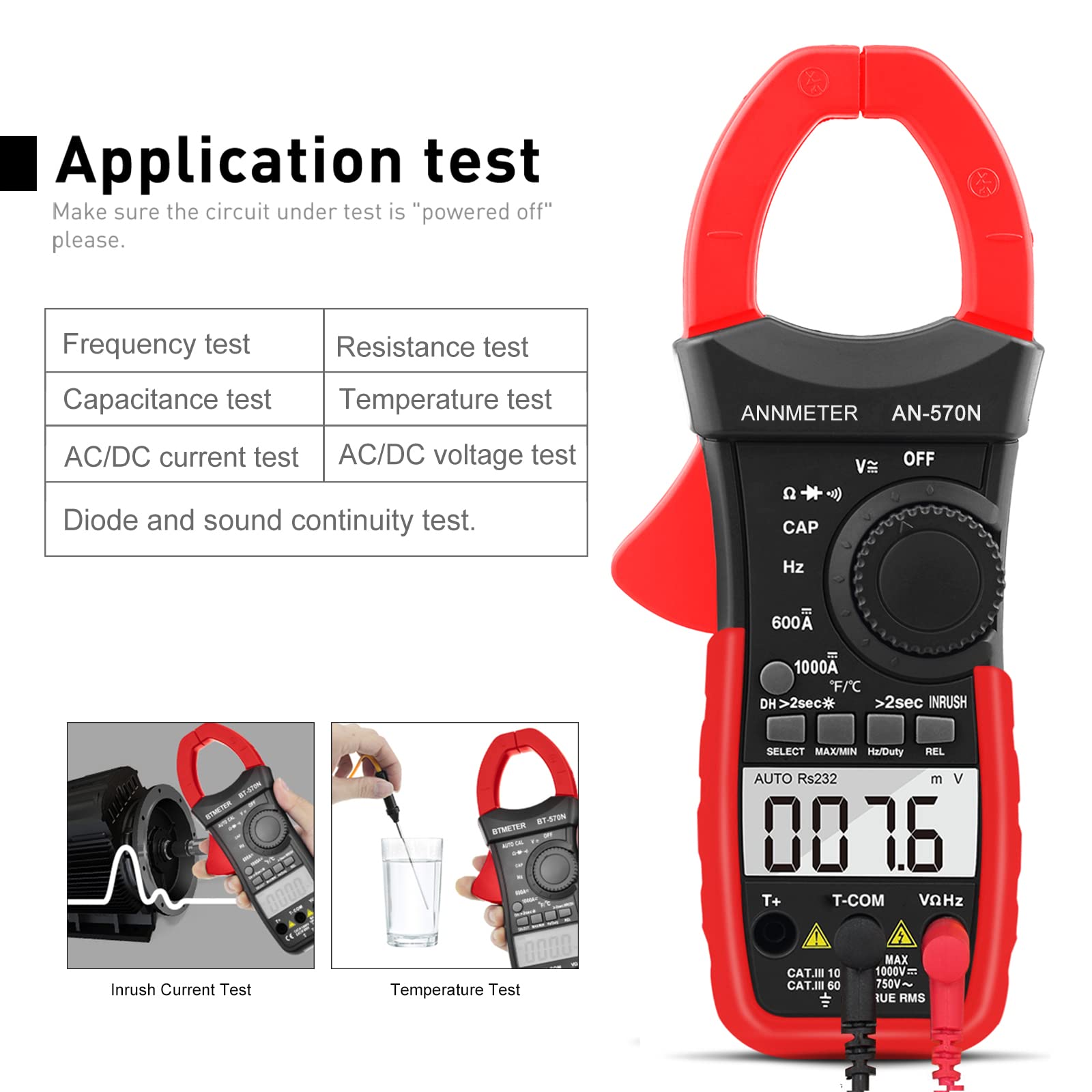 Digital AC DC Inrush Current Clamp Multimeter, 6000 Counts TRMS Auto