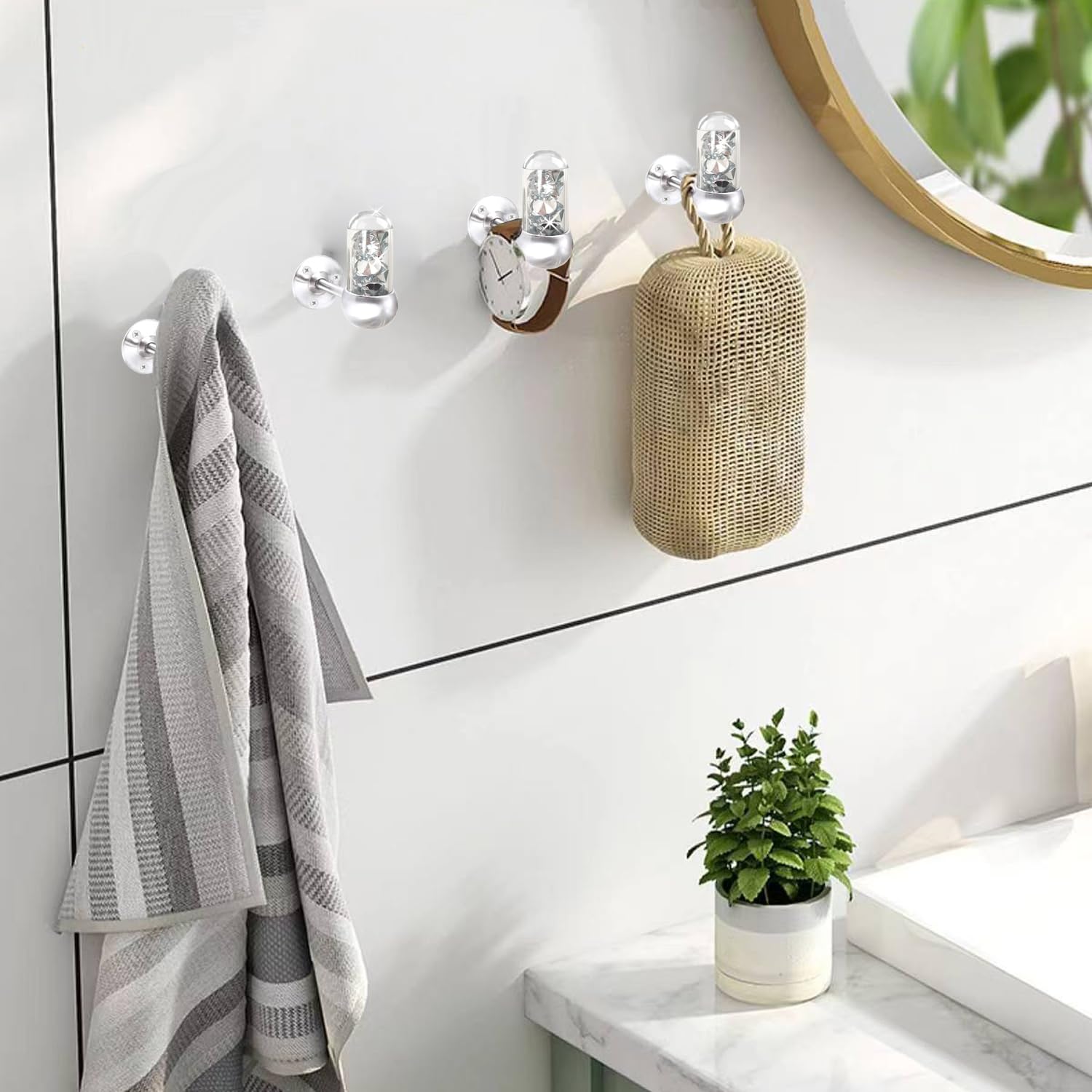 ZOLAPI Set of 4 Glass Tube Crystal Diamond Towel Hooks Bathroom Coat Hook Robe Hook Stainless Steel Heavy Duty Door Hanger Towel Robe Clothes Cabinet Closet,Wall Hook for Bathroom Bedroom,Silver - Image 3