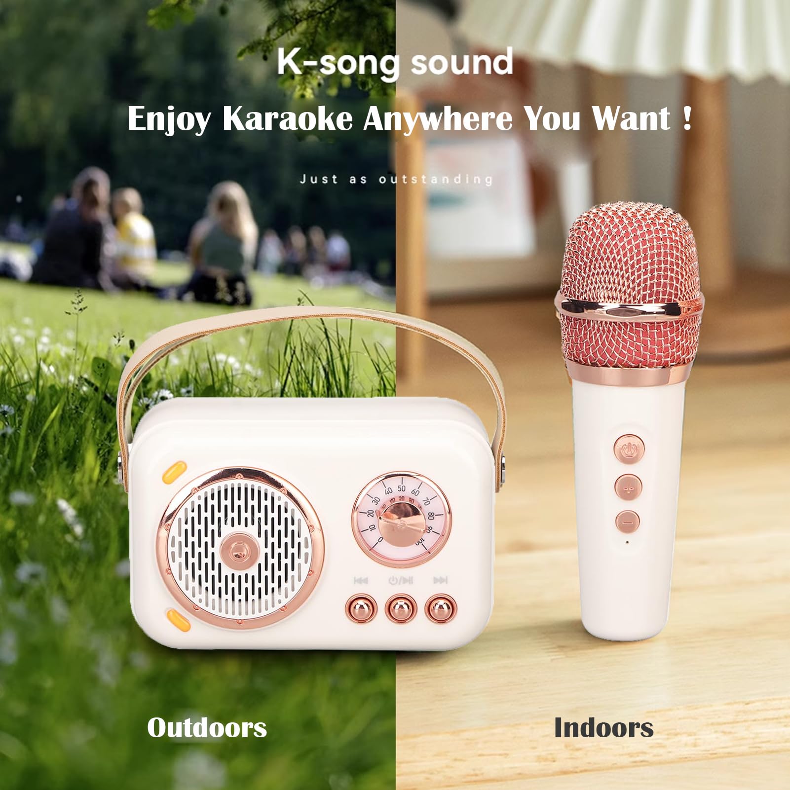 Mini Macchina per Karaoke con Set di Microfoni Wireless, Altoparlante Bluetooth retrò Portatile Bianco, Supporto AUX, TF Card, per Feste per Bambini Adulti