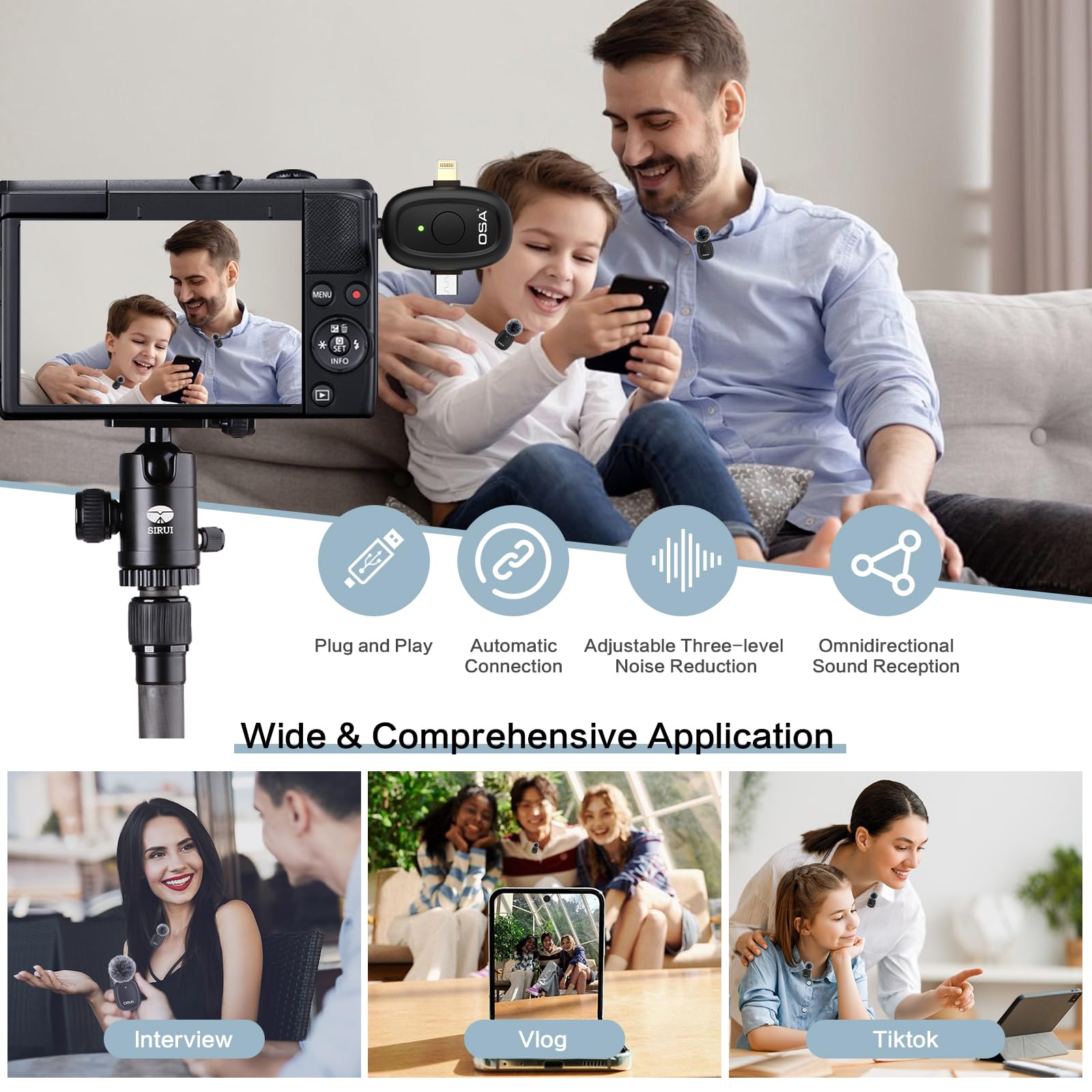 OSA Mini microfono lavalier wireless per fotocamera e computer, durata fino a 9 ore, con riduzione del rumore graduata, adatto per Tiktok