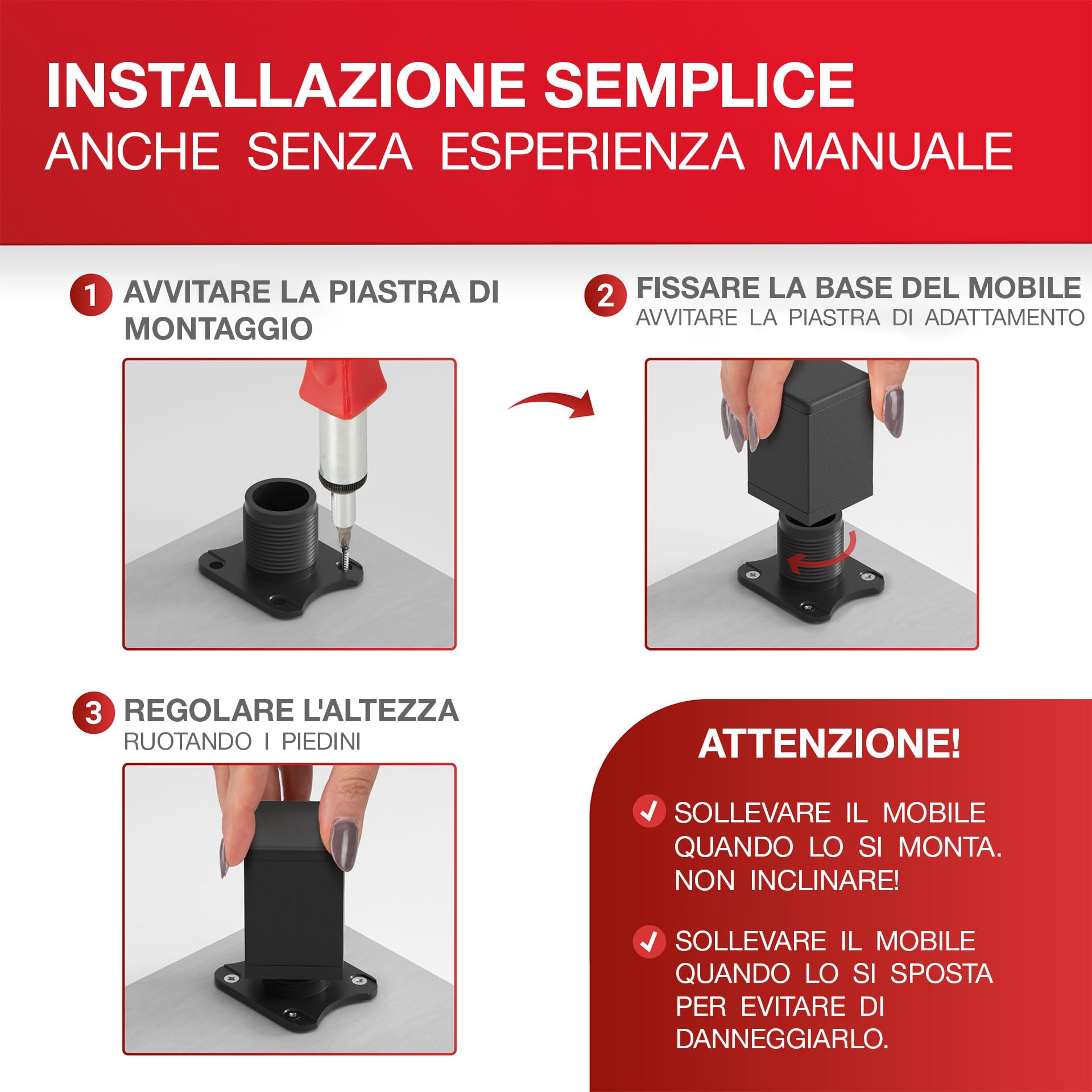 4x Piedini Per Mobili Piedini Per Mobili Piedino In Alluminio Diametro 40 Mm Altezza 80 Mm Nero Regolabile In Altezza | Leroy Merlin - Foto 2