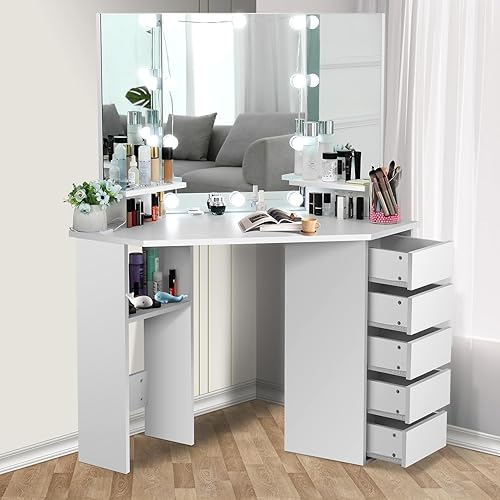 Miniatura 7 de Escritorio de tocador con espejo y luces, tocador de esquina de maquillaje con 5 cajones de almacenamiento y 3 opciones de iluminación regulable y