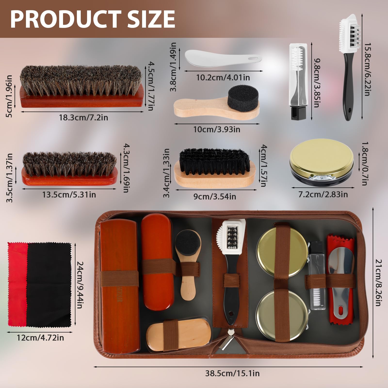 12-teiliges Schuhputzsets, Schuhpflege-Set, Shoe Polish Brushes, Schuhputz-Reise Set mit Bürstenset, Schuhcreme, Holzapplikator, Schuhlöffel
