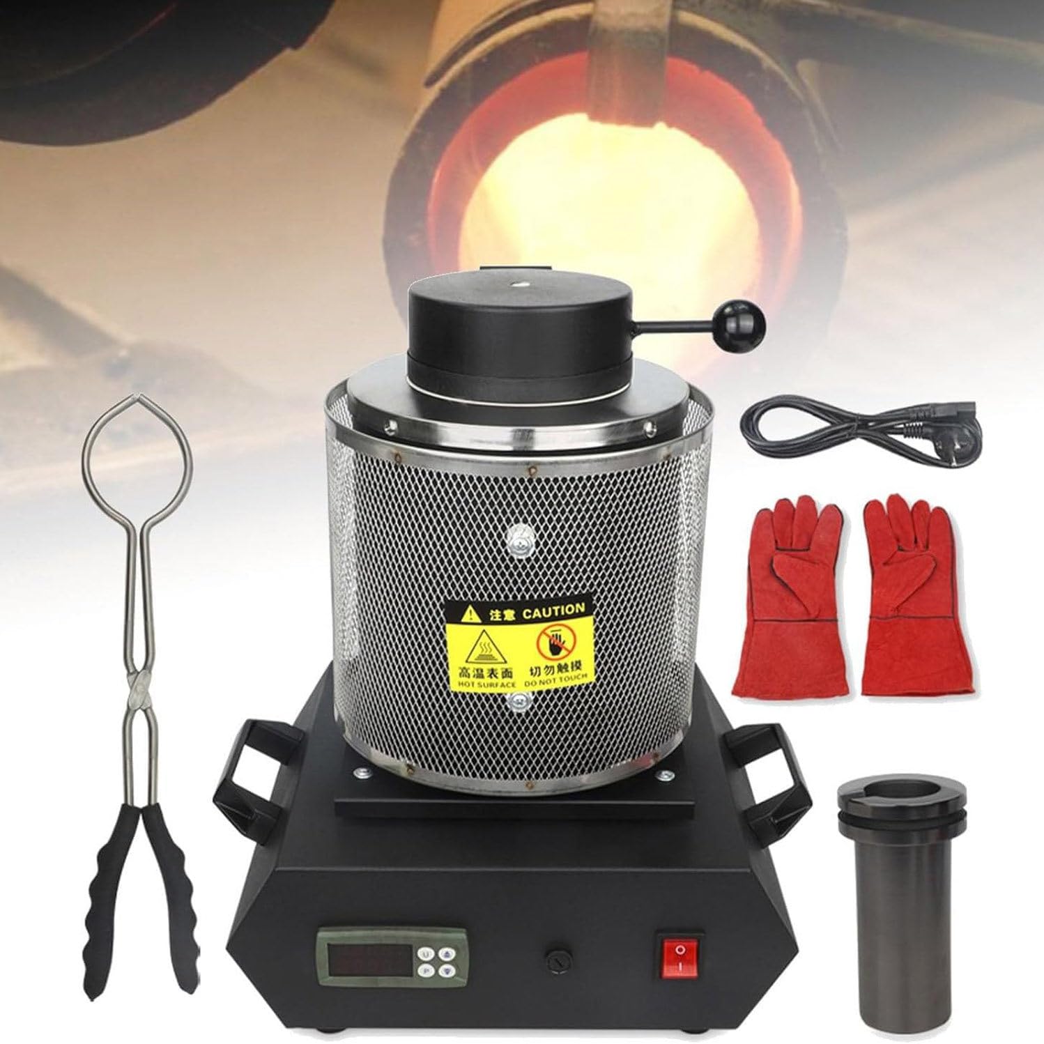Horno De Fusión Eléctrico De 1400 W Con Crisol De Grafito, Horno De Fusión Automático De Acero Inoxidable Para Metales, Para Fabricación De Joyas, Con Crisol Grafito, Guantes Seguridad,Black-1KG+2KG