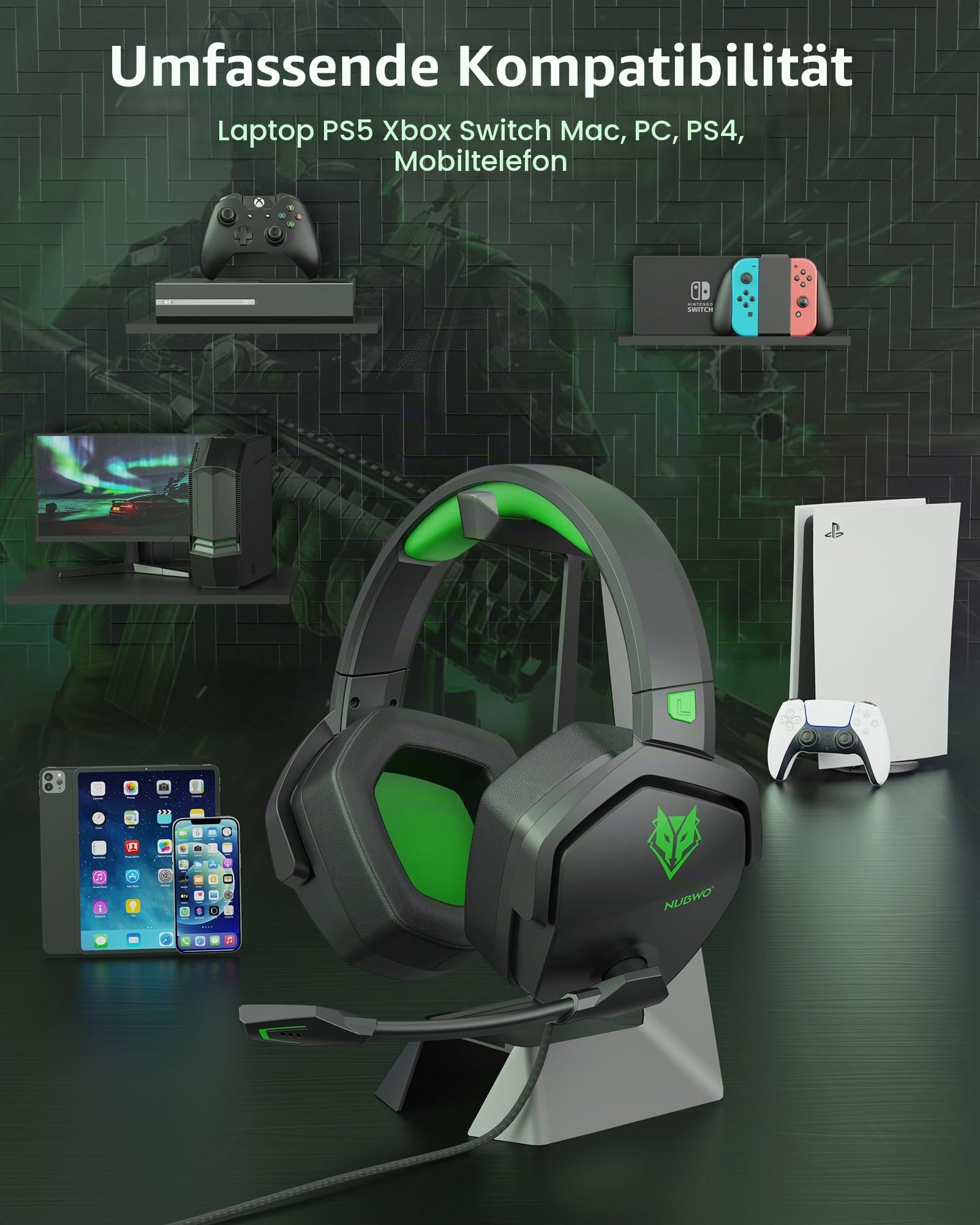 NUBWO N16 Gaming Headset – Mikrofon mit Geräuschunterdrückung, Stereo Sound und Komfortables Design für PS5, PS4, Xbox One, NS, PC, Laptop und Mac - Grün