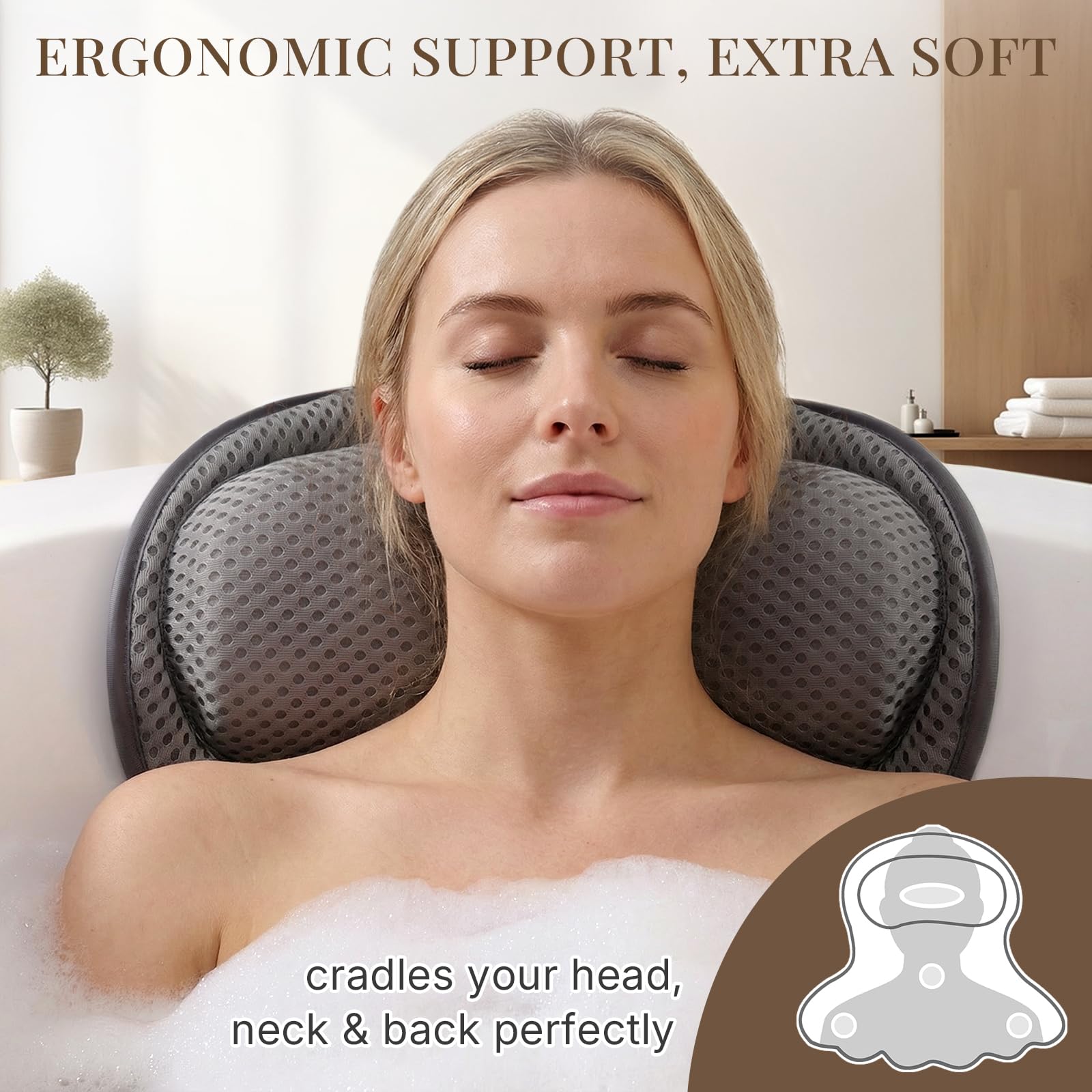 Bath Pillow Bathtub Pillow, Luxury Bath Pillows for Tub Neck and Back Support, Bath Tub Pillow Headrest with Soft 4D Mesh Fabric and Non-Slip Suction Cups, Relaxing Bath Accessories Spa Gifts: Gray
