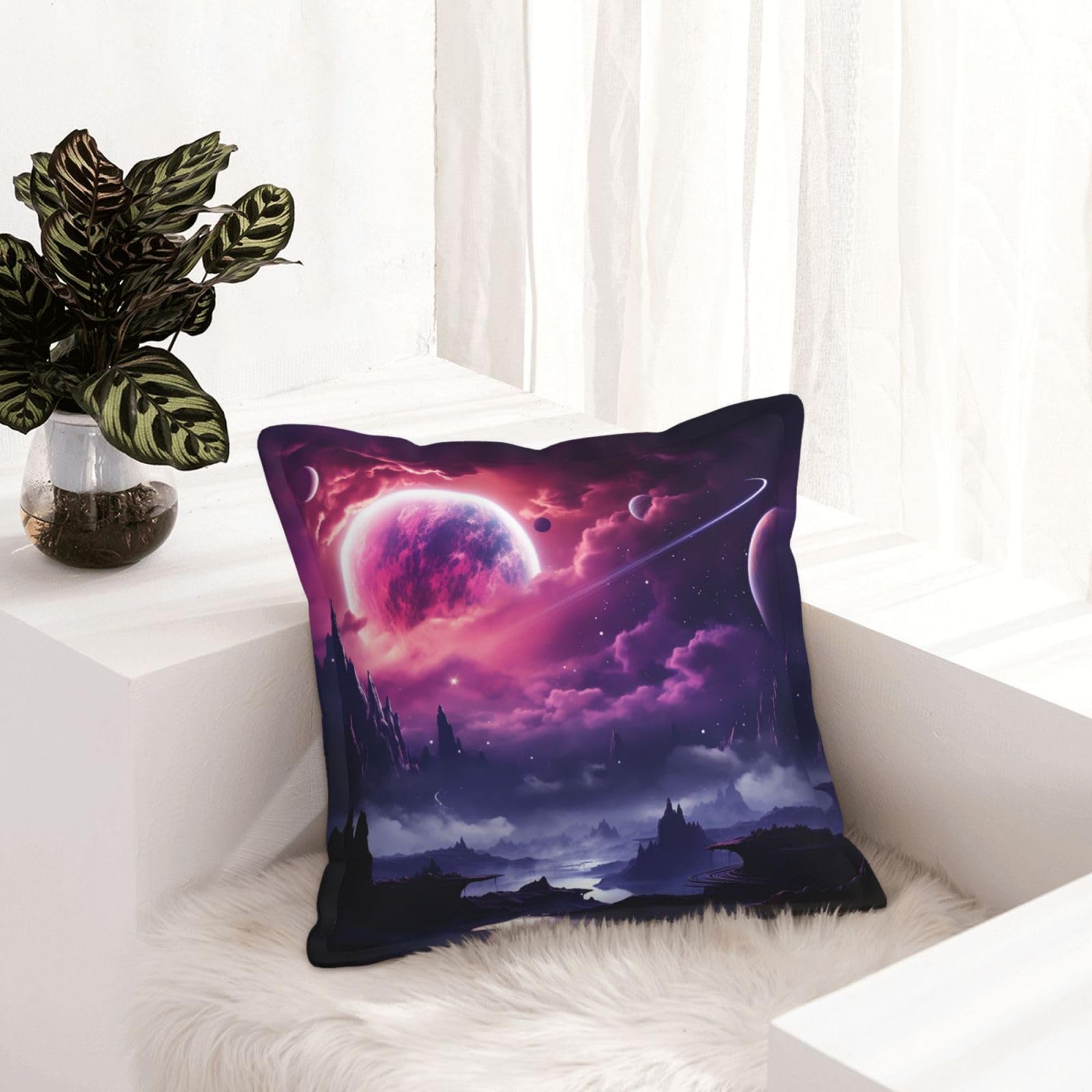 Housse de coussin violette en similicuir motif planète facile à laver